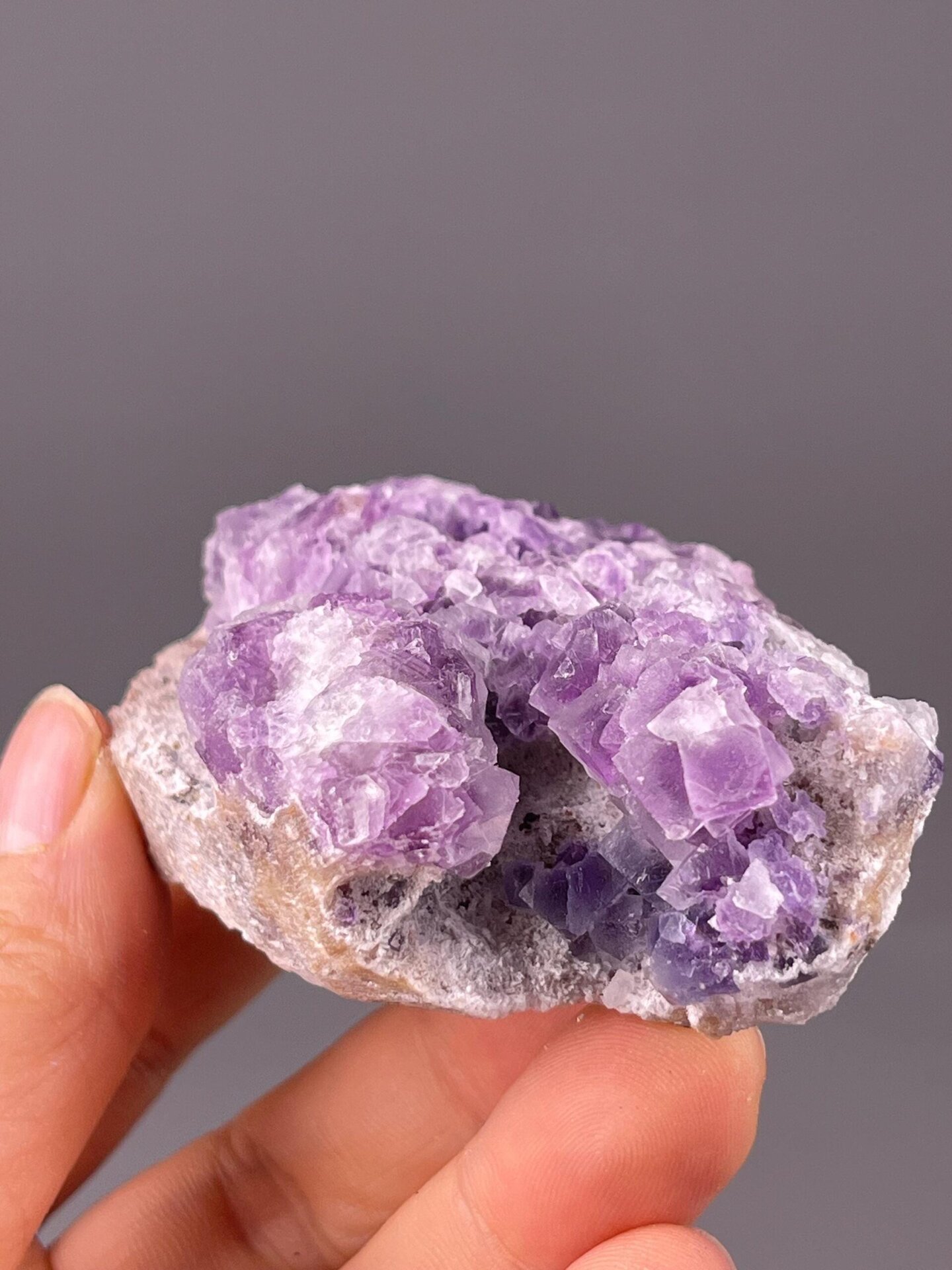Purple cubic fluorite overhead top-down view