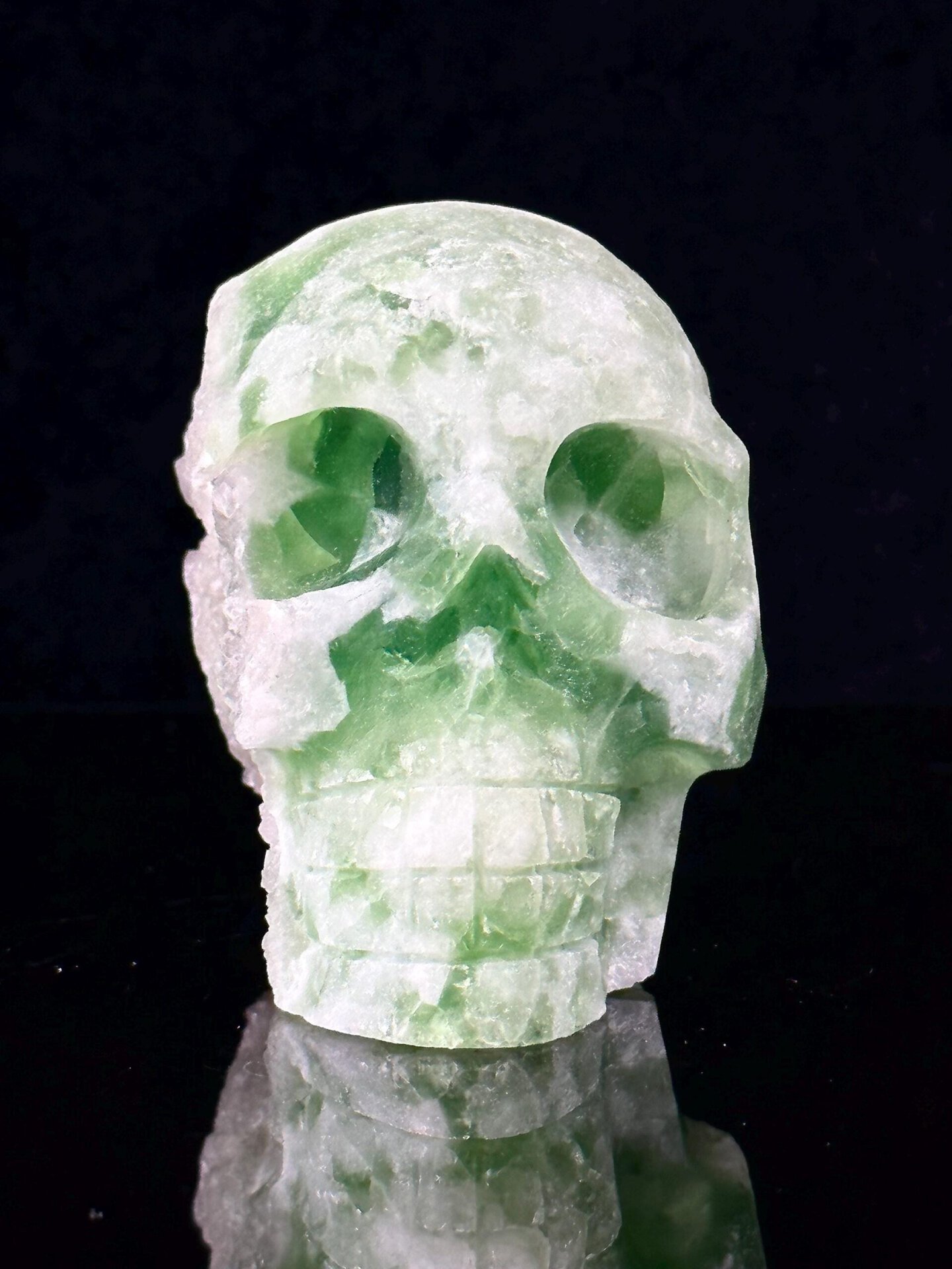 Green fluorite skull eye socket detail close-up