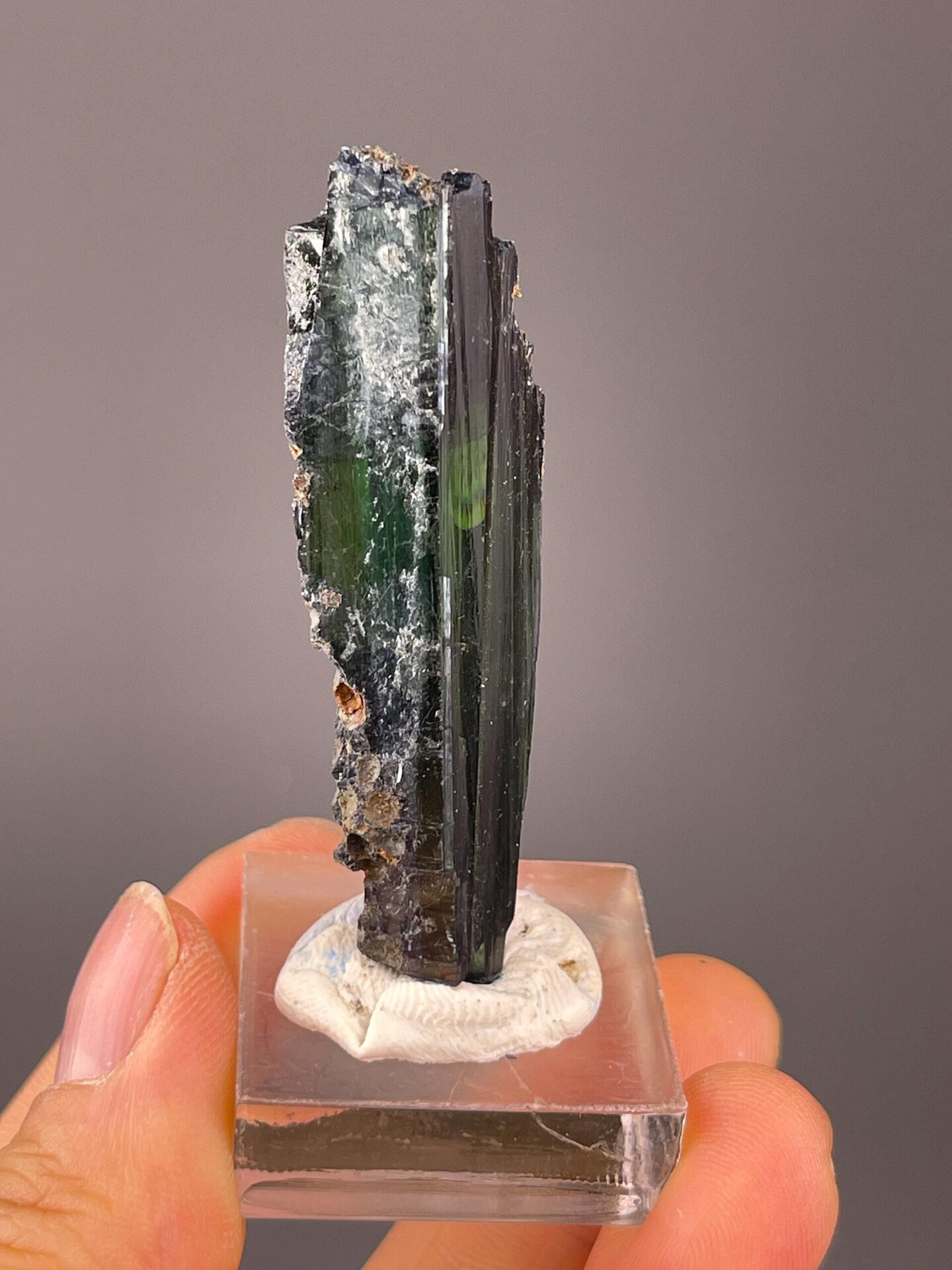 Translucent green core crystal lit from behind