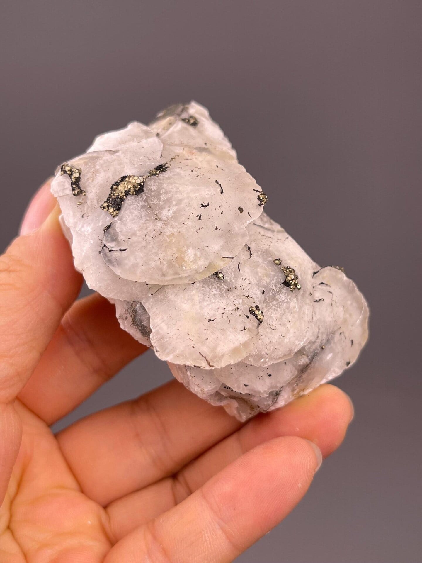 Pyrite sparkle in calcite petal close-up