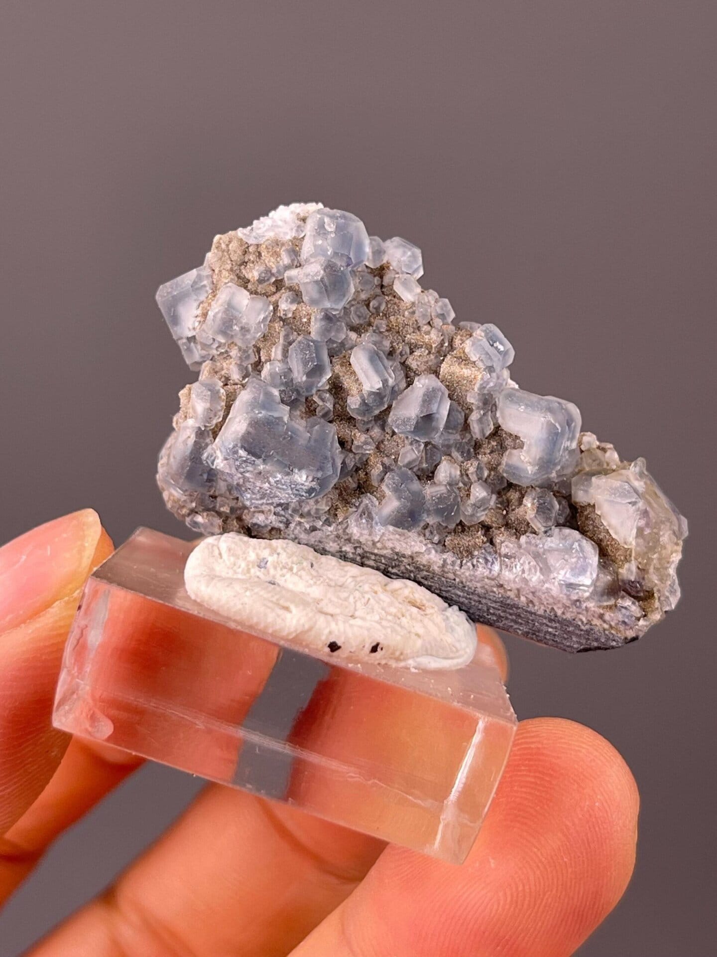 Top view of interlocking tanzanite-blue fluorite cubes