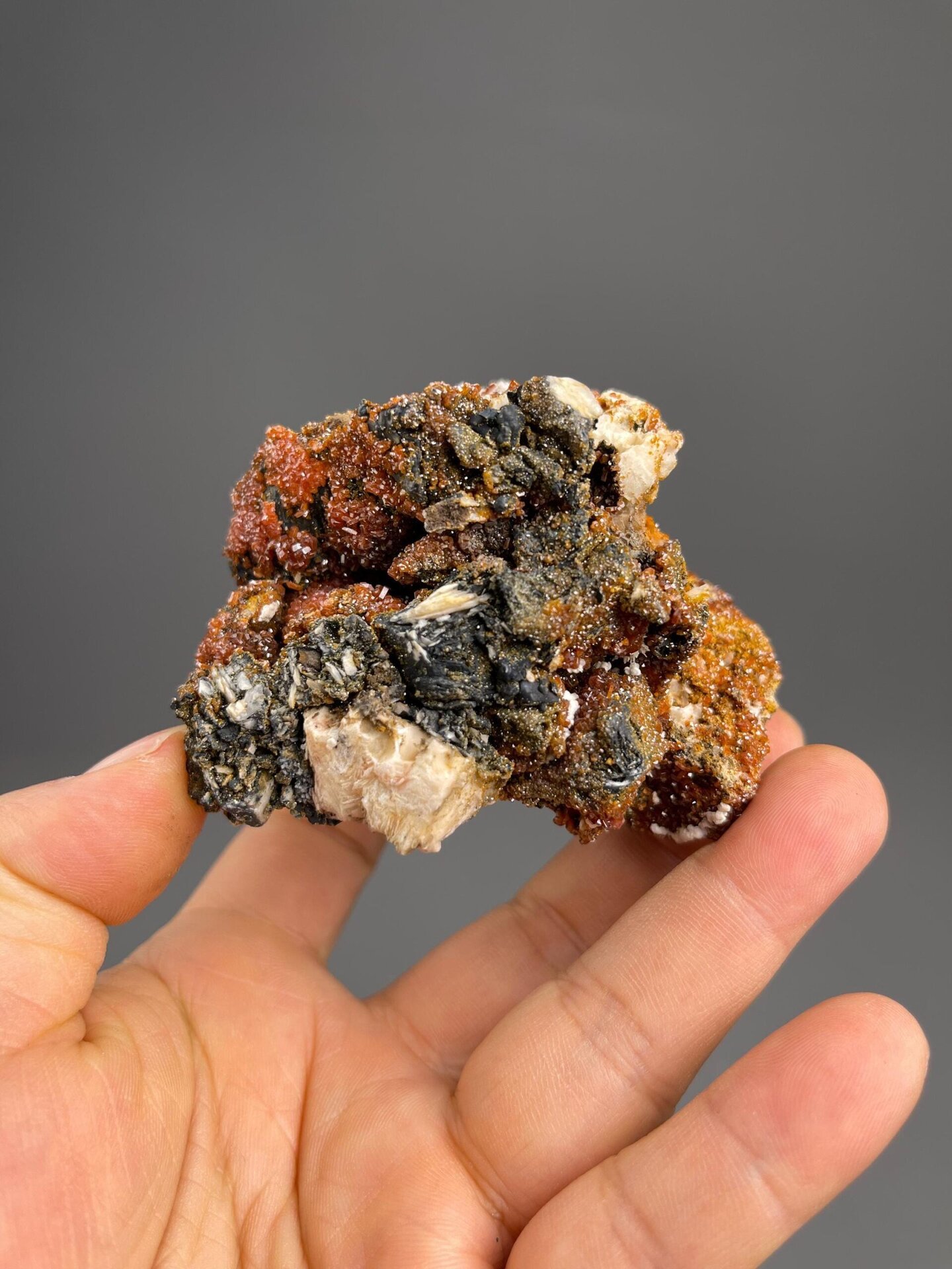Top view of vanadinite crystals on barite