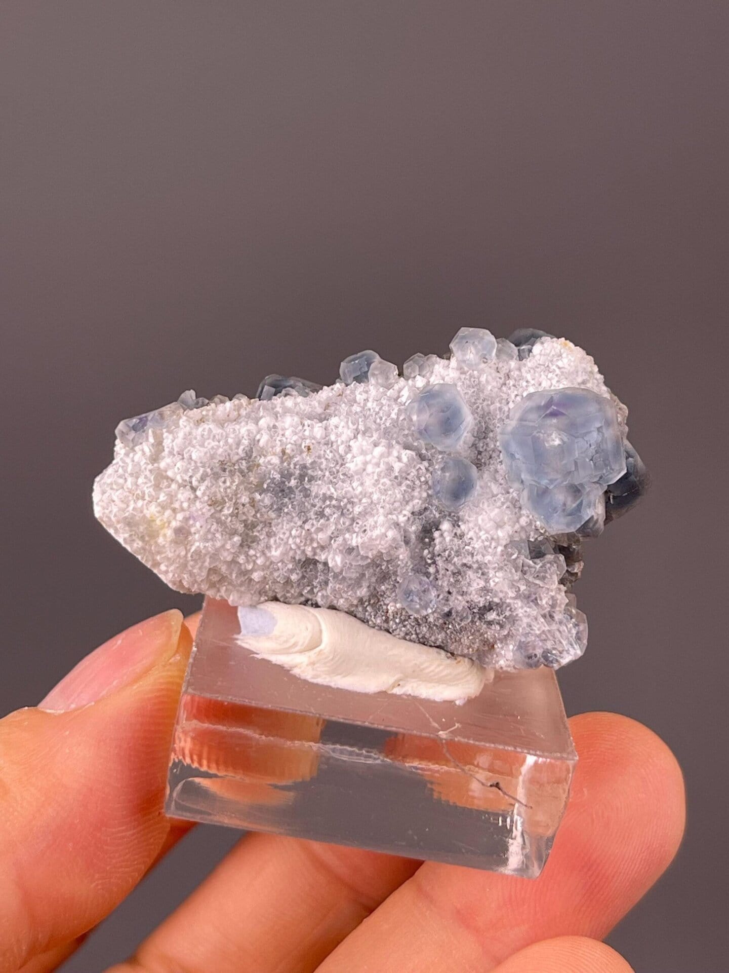 Vitreous luster on tanzanite-blue fluorite faces