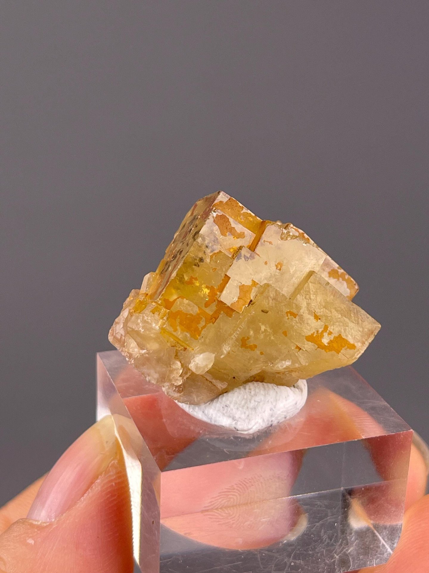 Close-up of yellow fluorite cube crystal faces