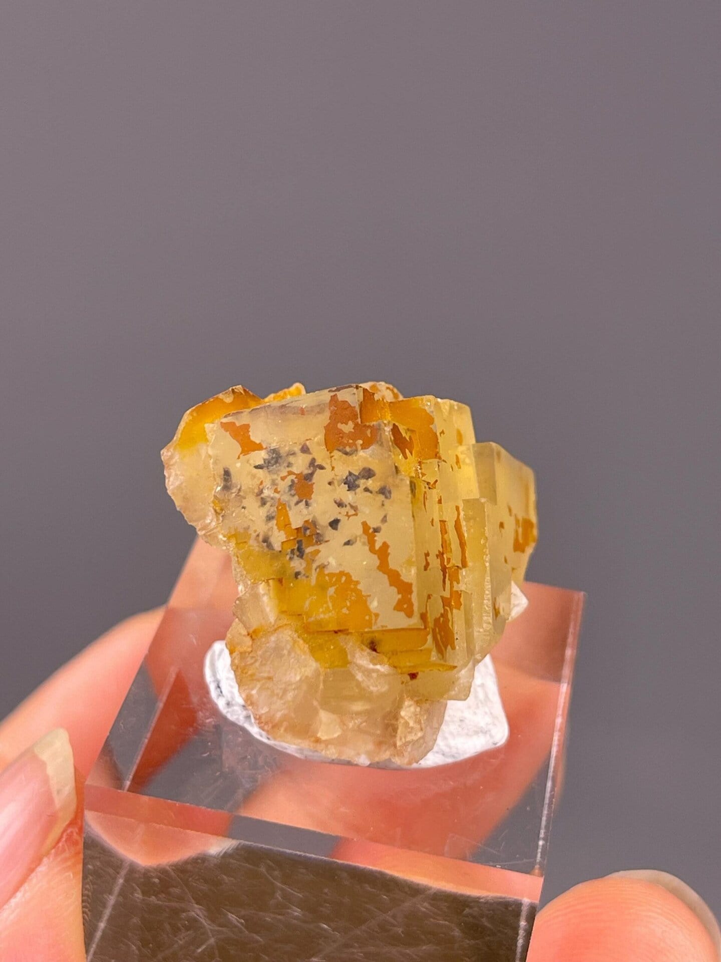 Side view of yellow fluorite cube specimen