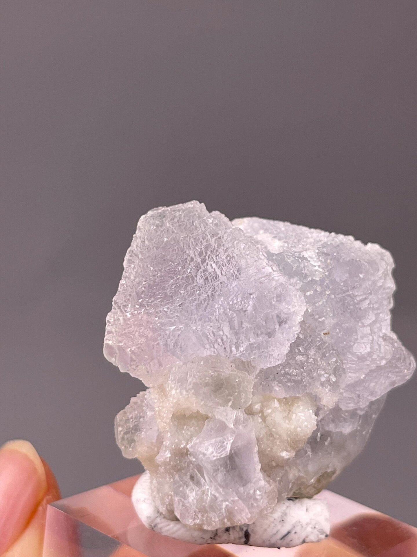 Top view of clear fluorite with purple phantom inclusions