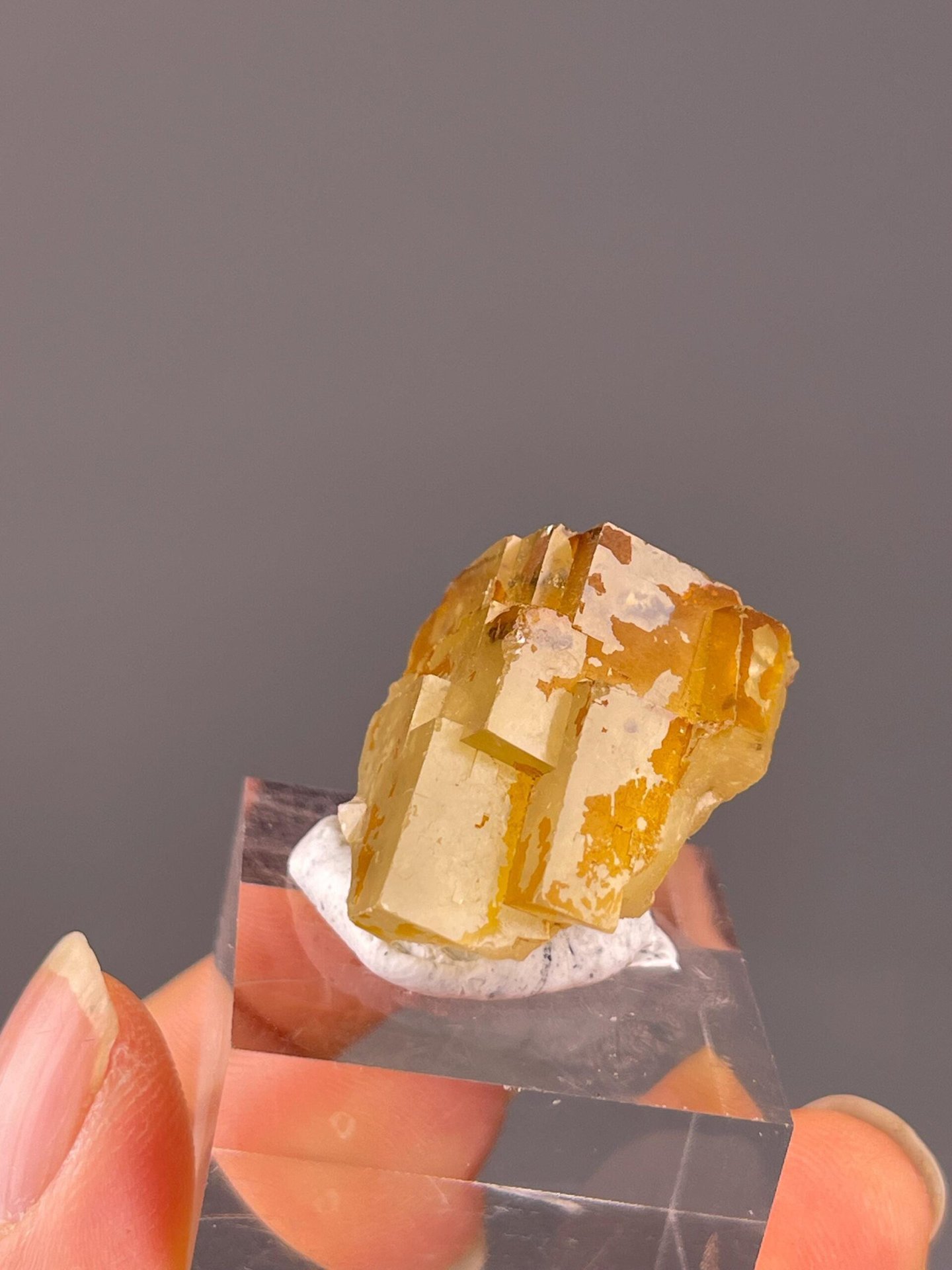 Back view of yellow fluorite cube specimen