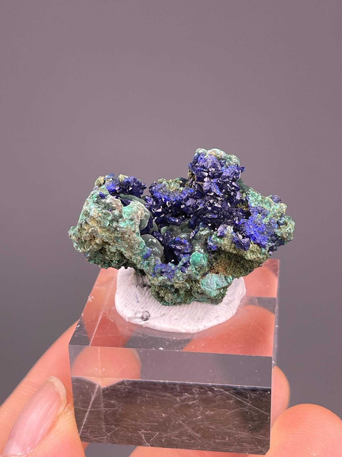 Front view of azurite and malachite cluster