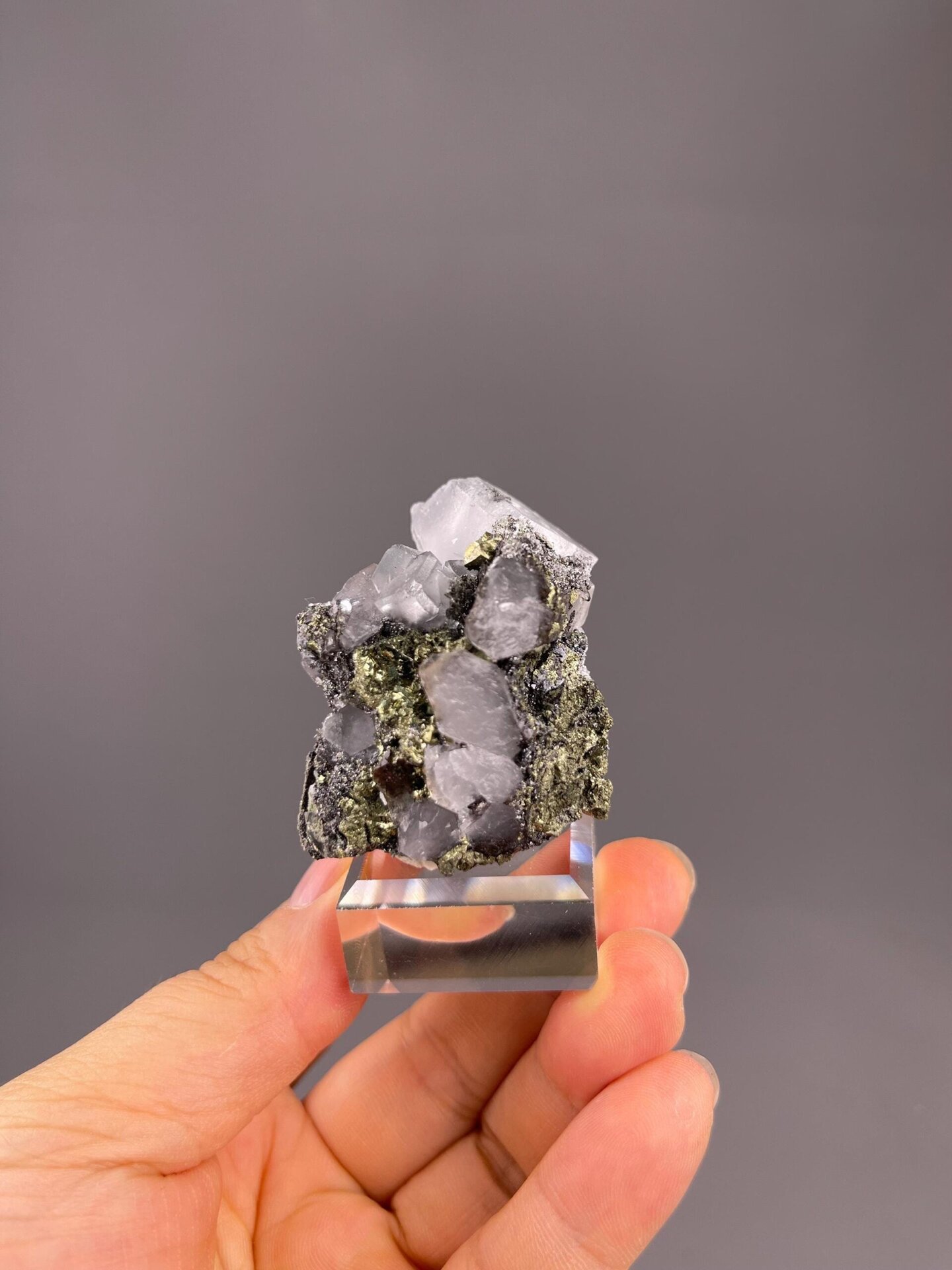 Close-up of colorless to light gray fluorite crystals