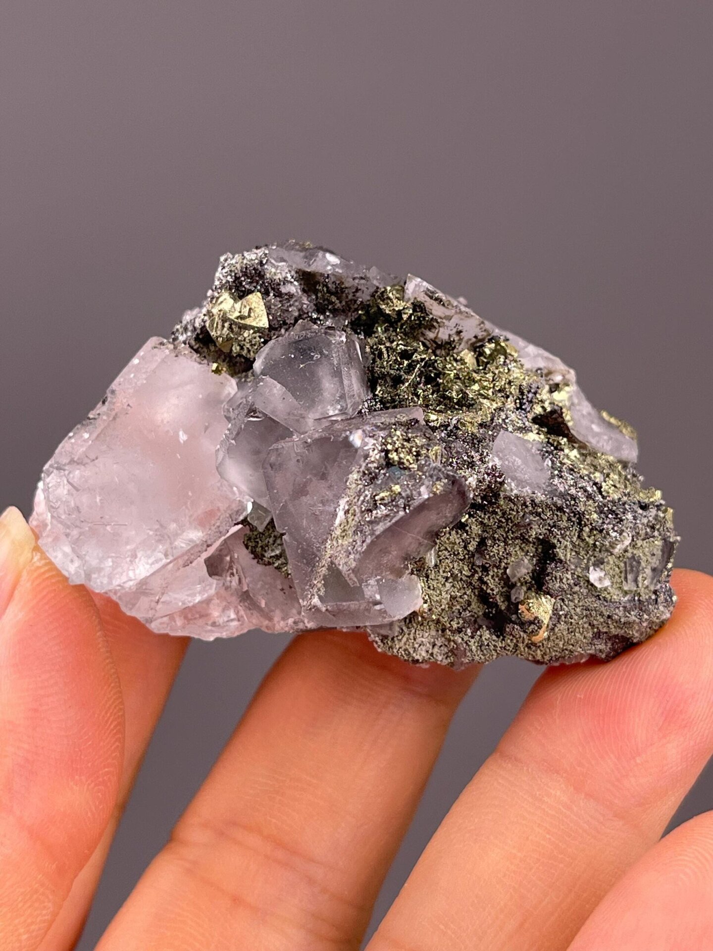 Top view of colorless fluorite with pyrite inclusions