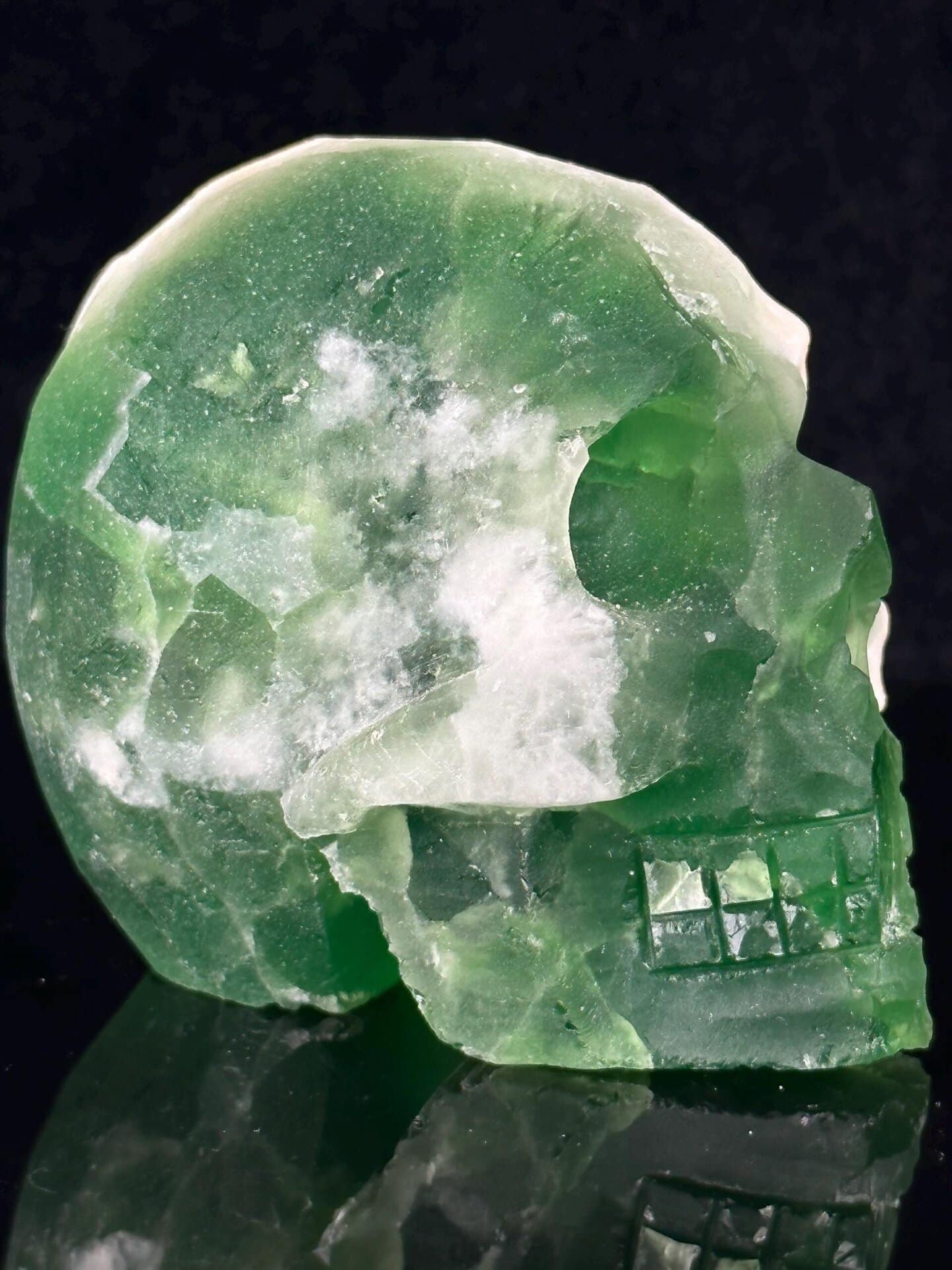 Mineral matrix texture on back of green fluorite skull