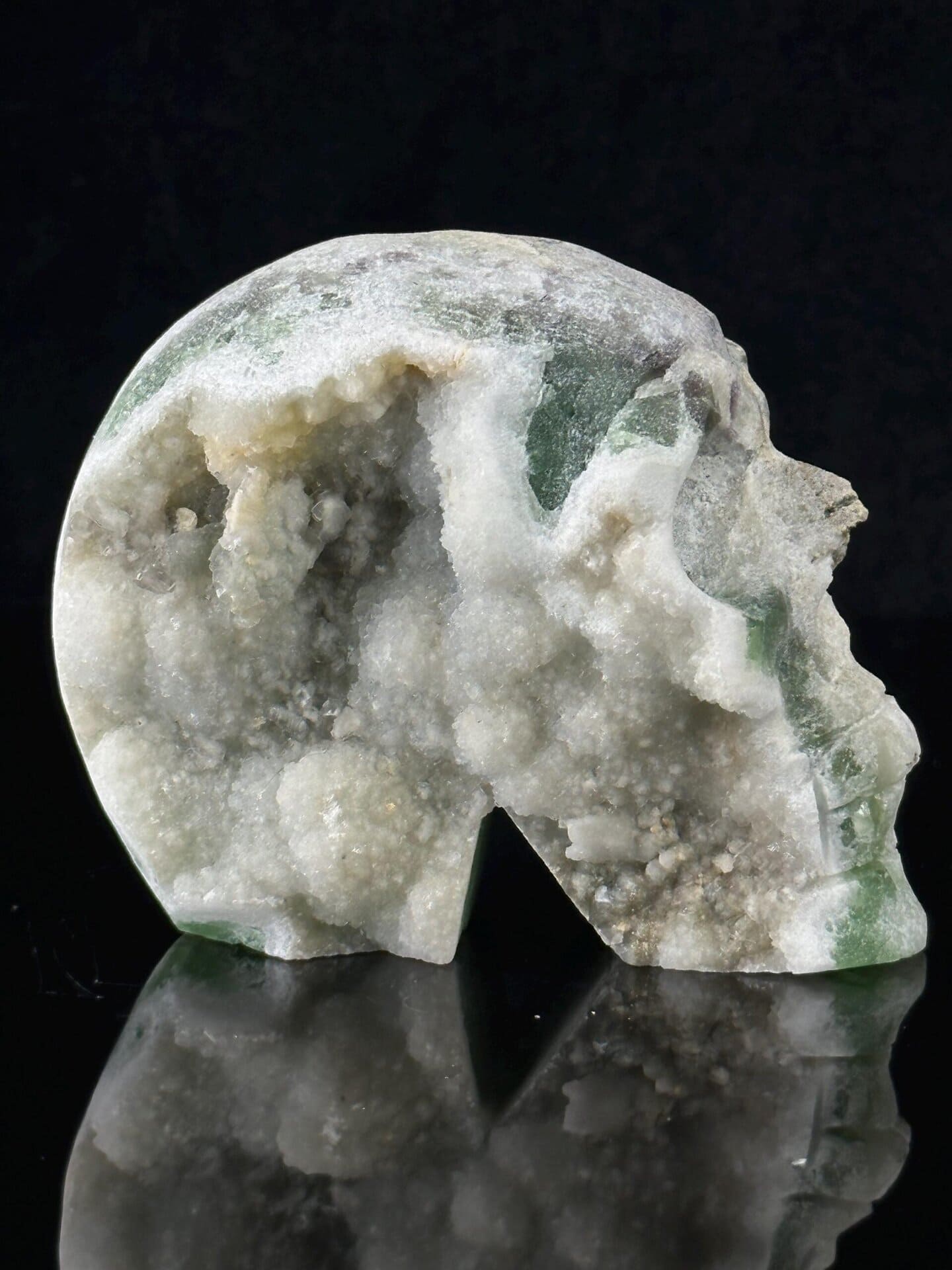 Side profile of Madagascar green fluorite skull