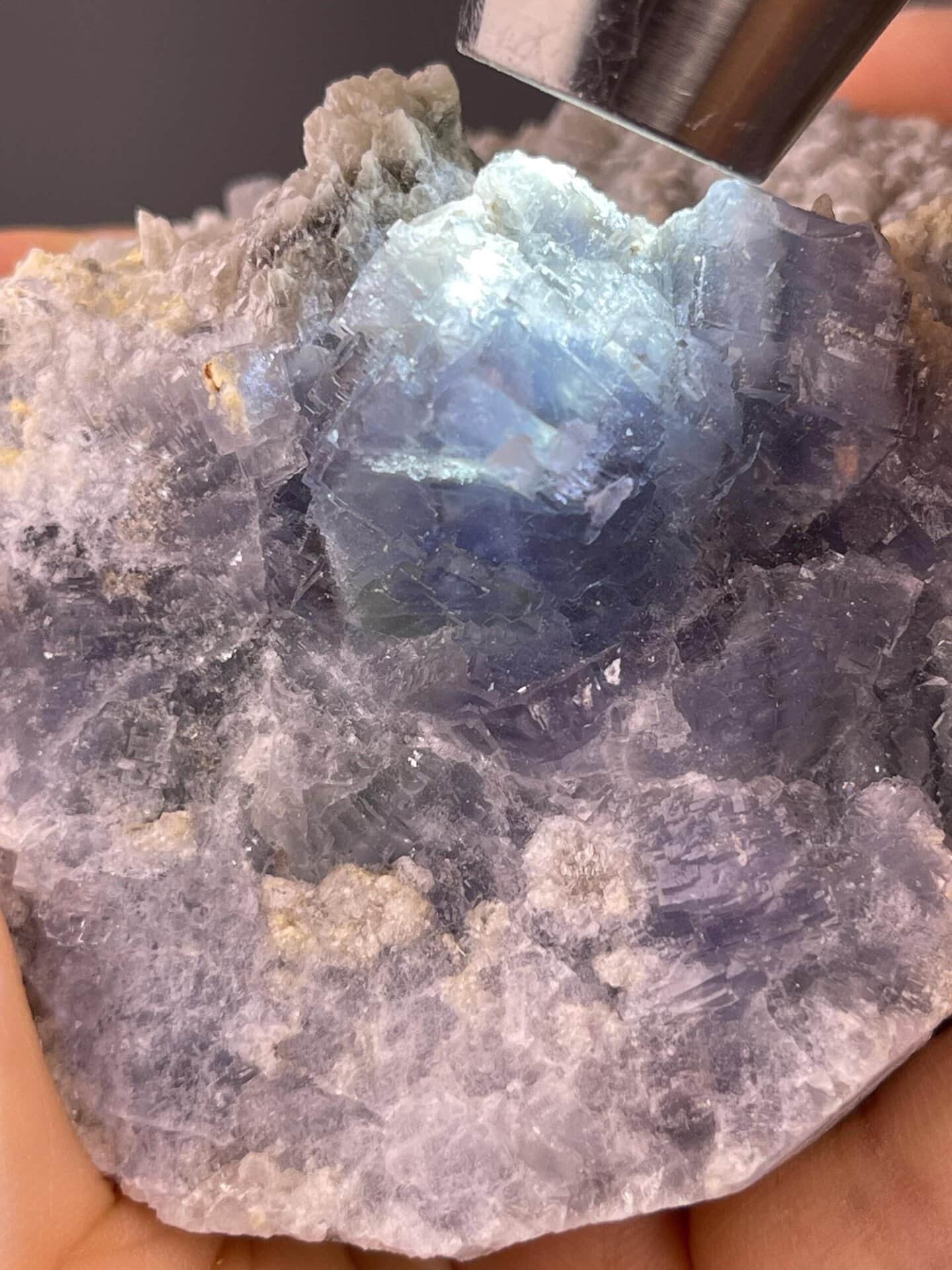 Back view of blue fluorite cluster specimen
