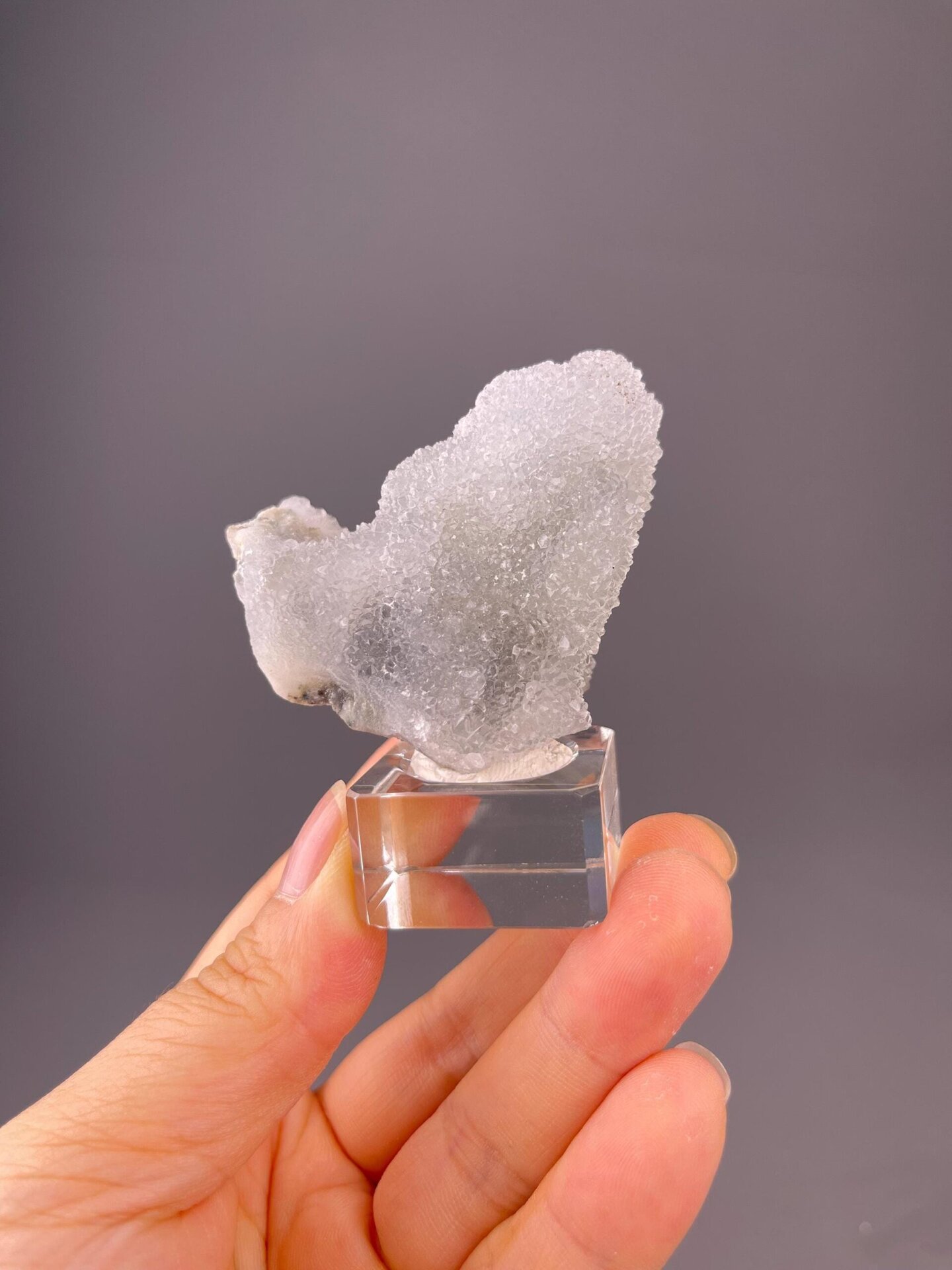 Close-up of fine-grained quartz crust on fluorite