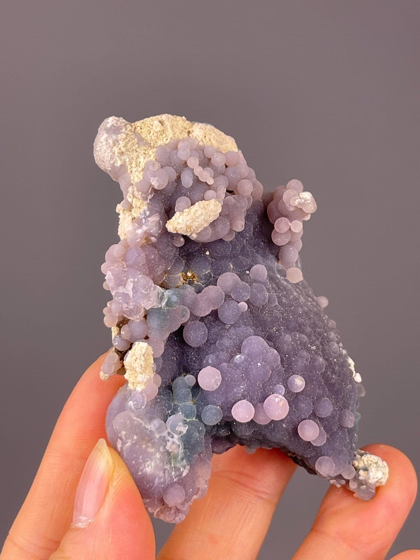 Grape agate from Indonesia under studio lighting
