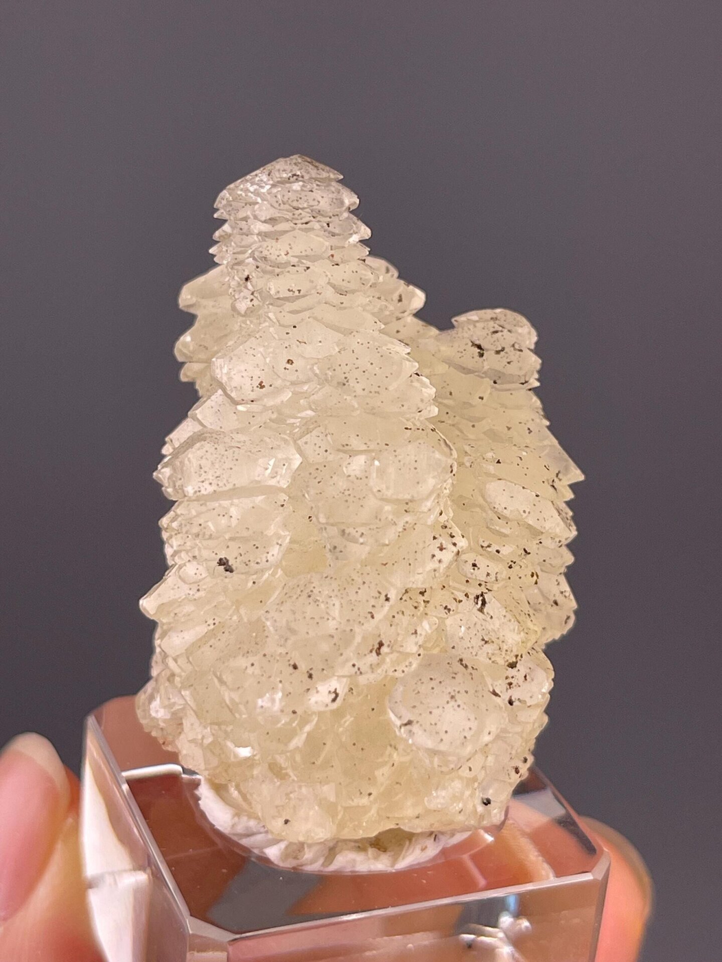 Full specimen view of calcite tower with pyrite