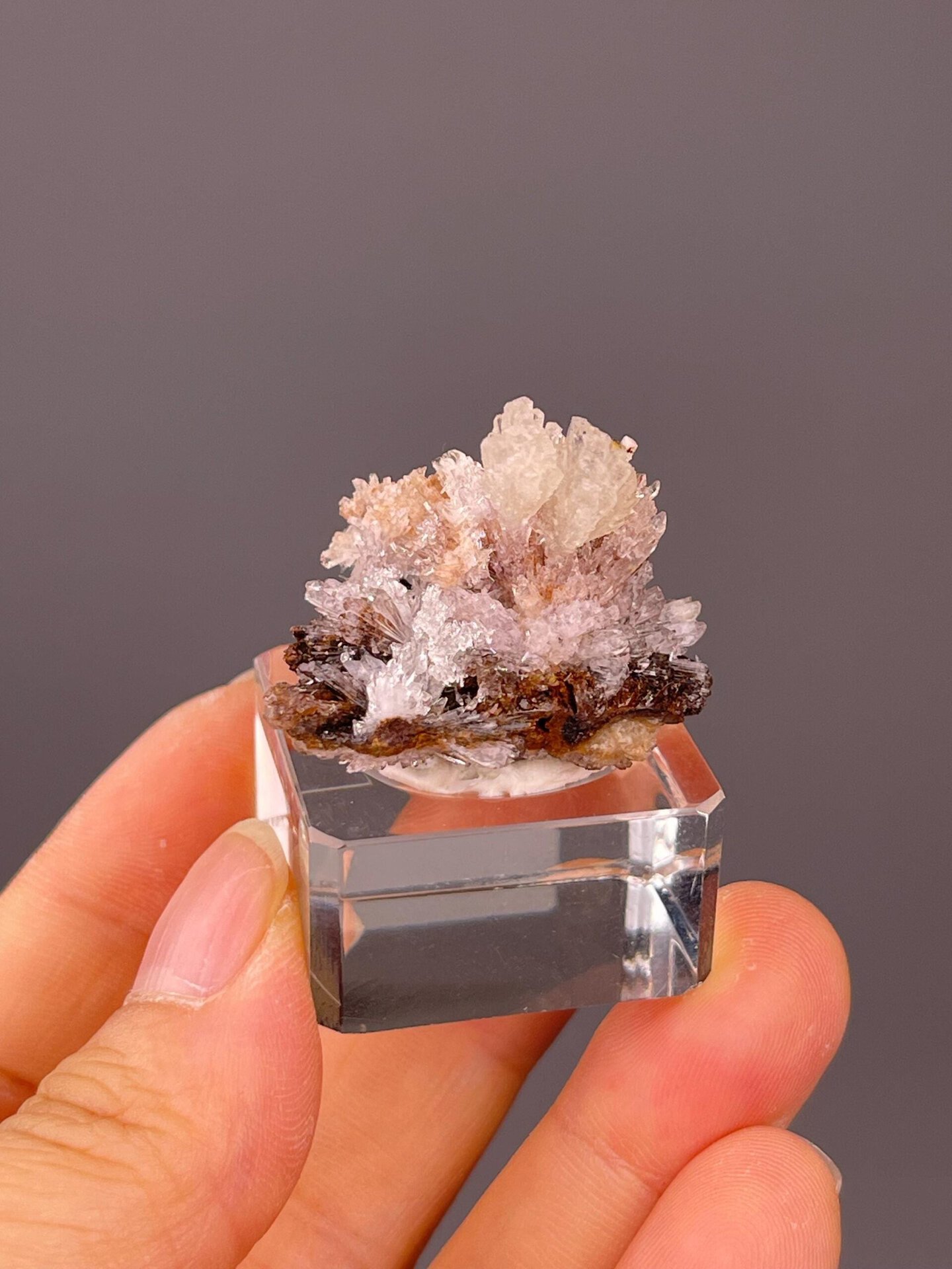 Peach and white selenite rosette with radiating needle crystals from Guizhou, China