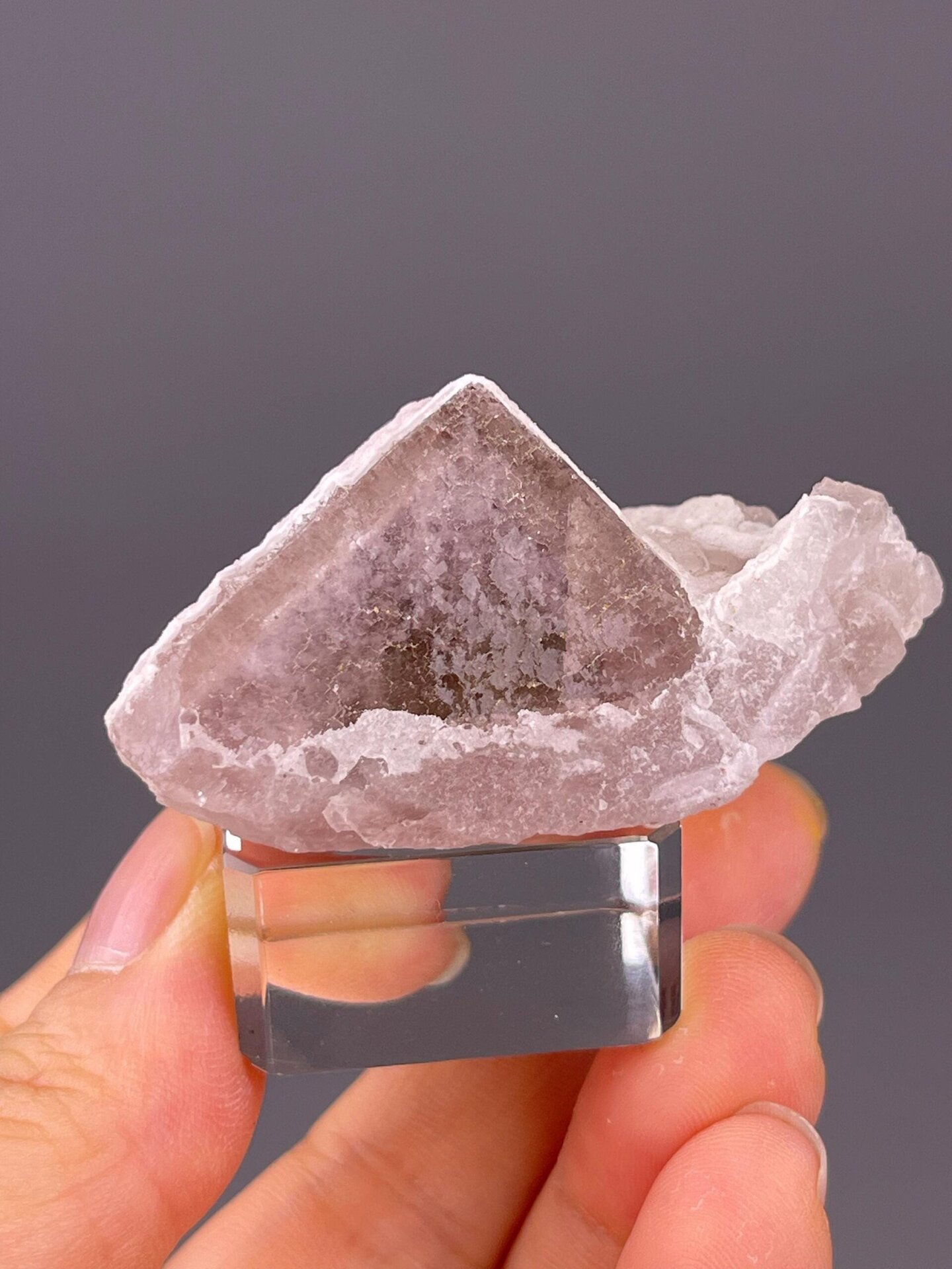Side view of QR-code fluorite on quartz, Guizhou Province