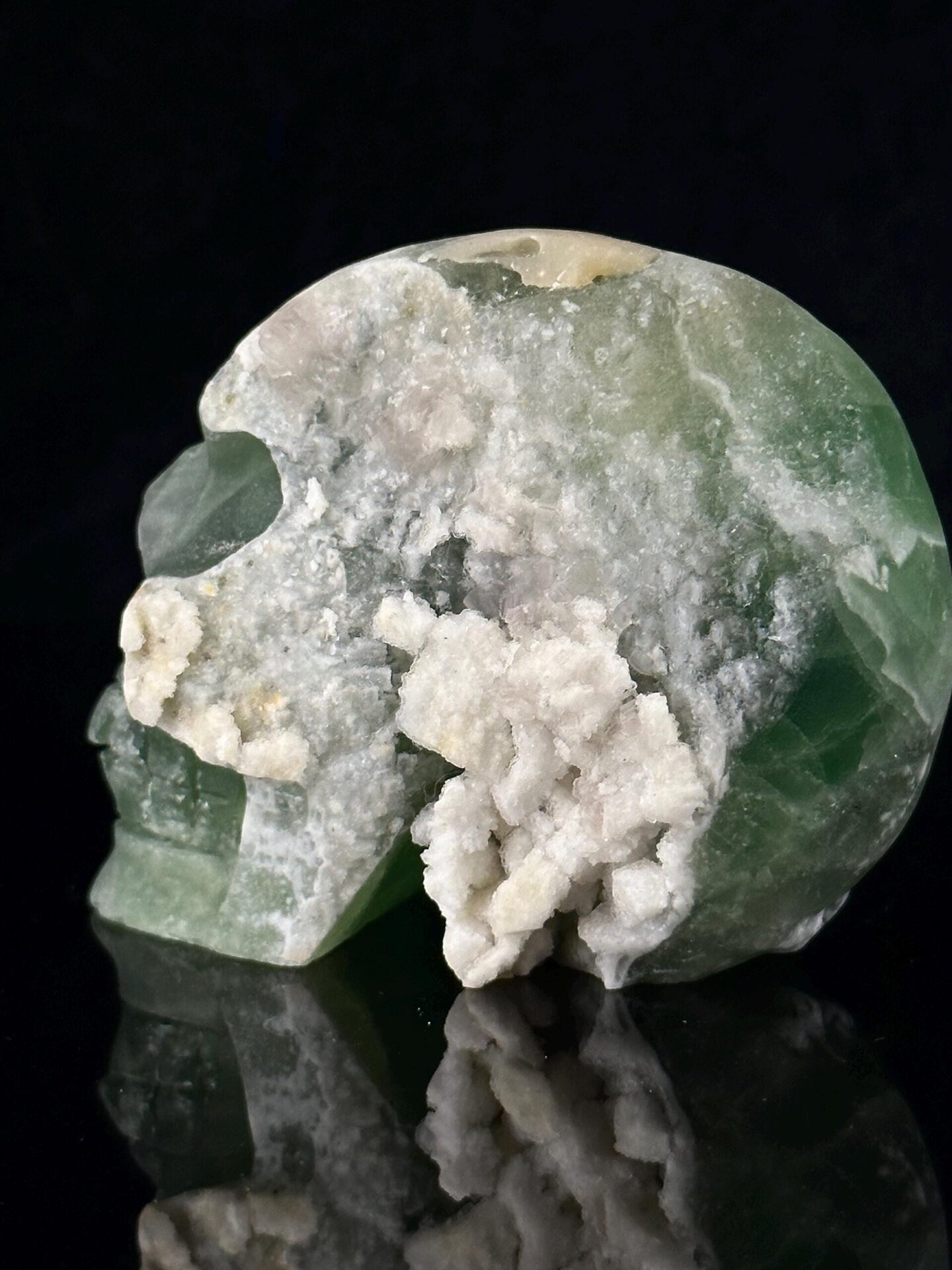Close-up of natural quartz geode interior of fluorite skull
