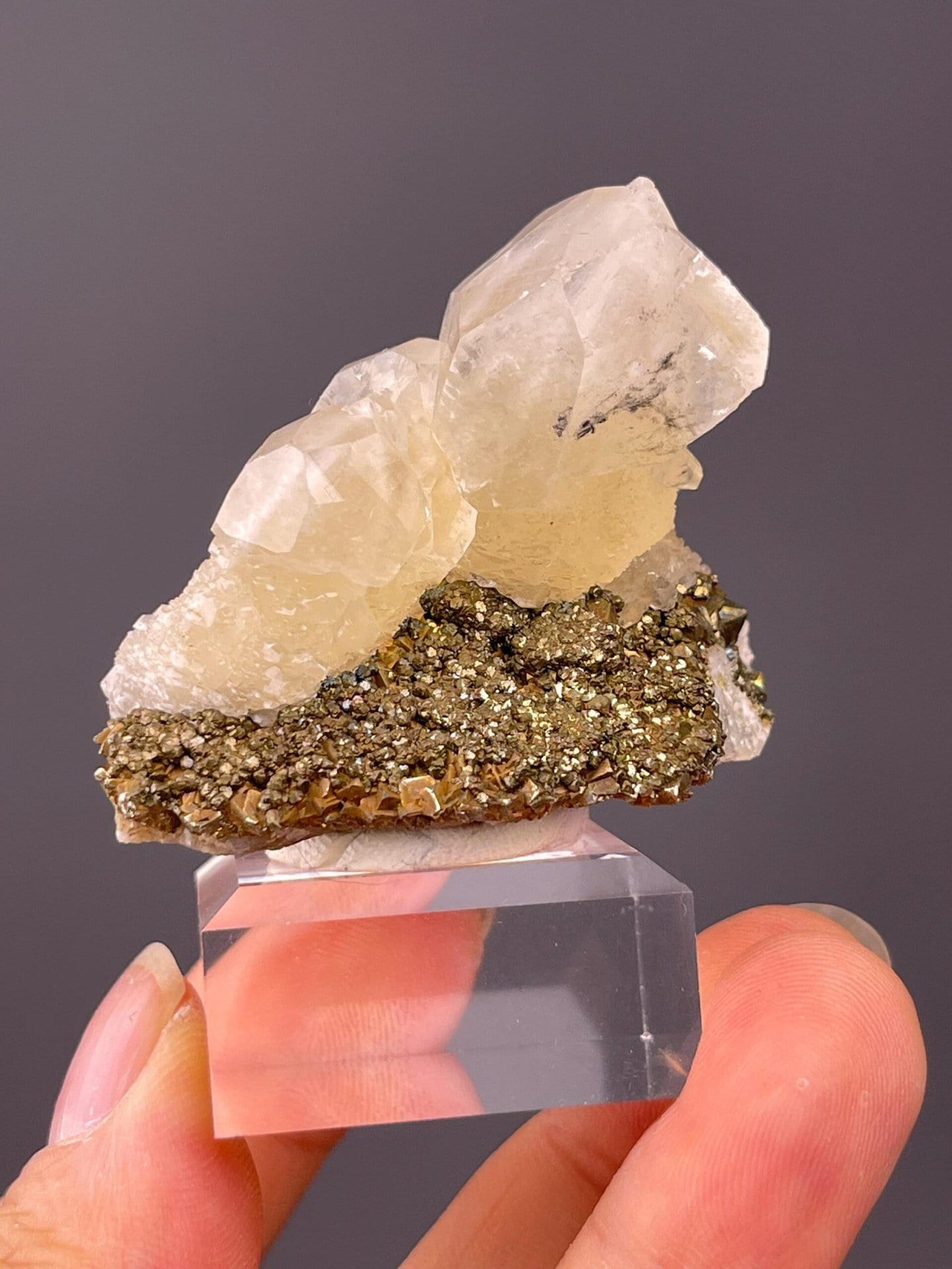 Side view of calcite-pyrite specimen, 1.7×1.2×1.5 in, Chenzhou