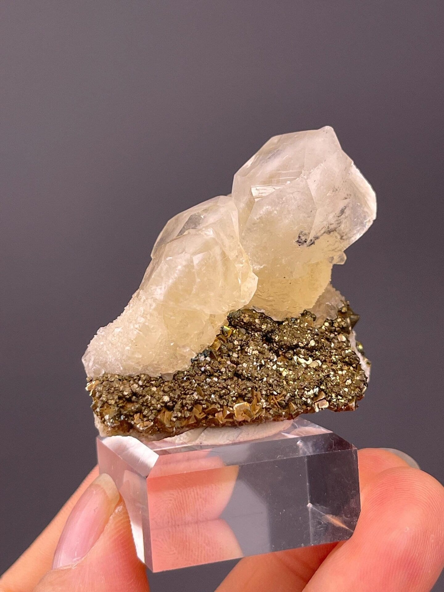Close-up of translucent calcite on pyrite