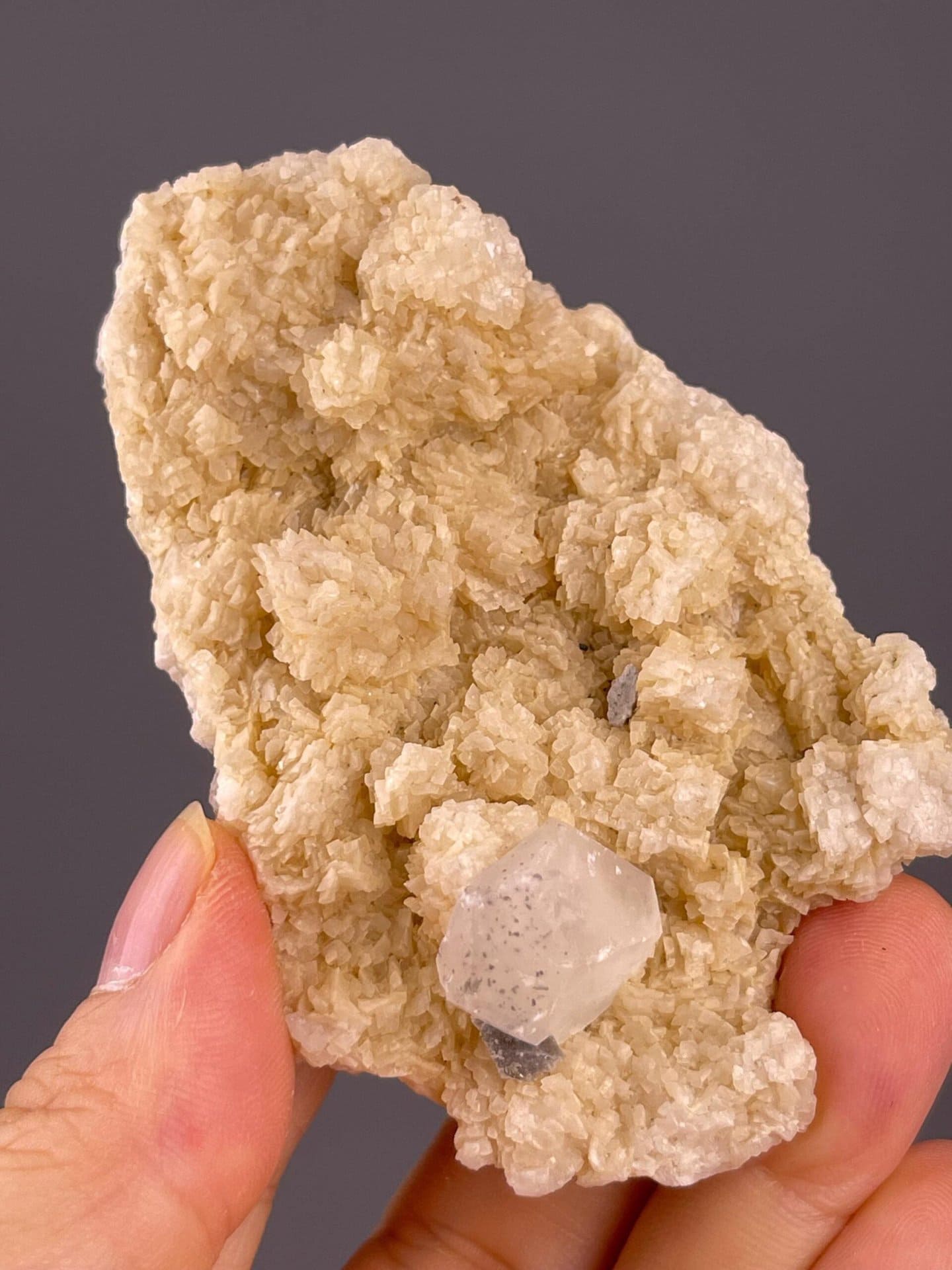 Top view of transparent fluorite on dolomite, China