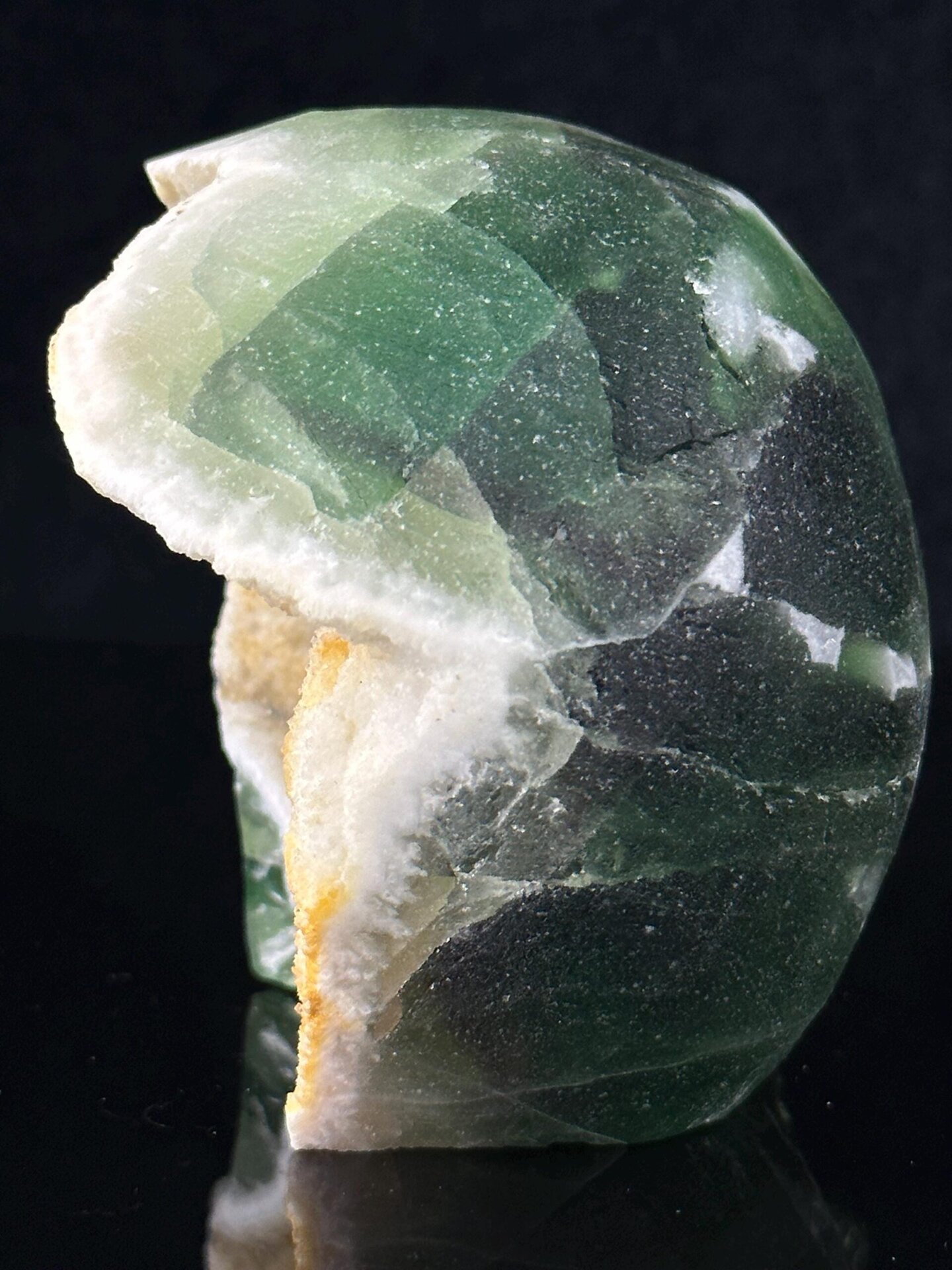 Detail of crystal formation inside fluorite skull geode