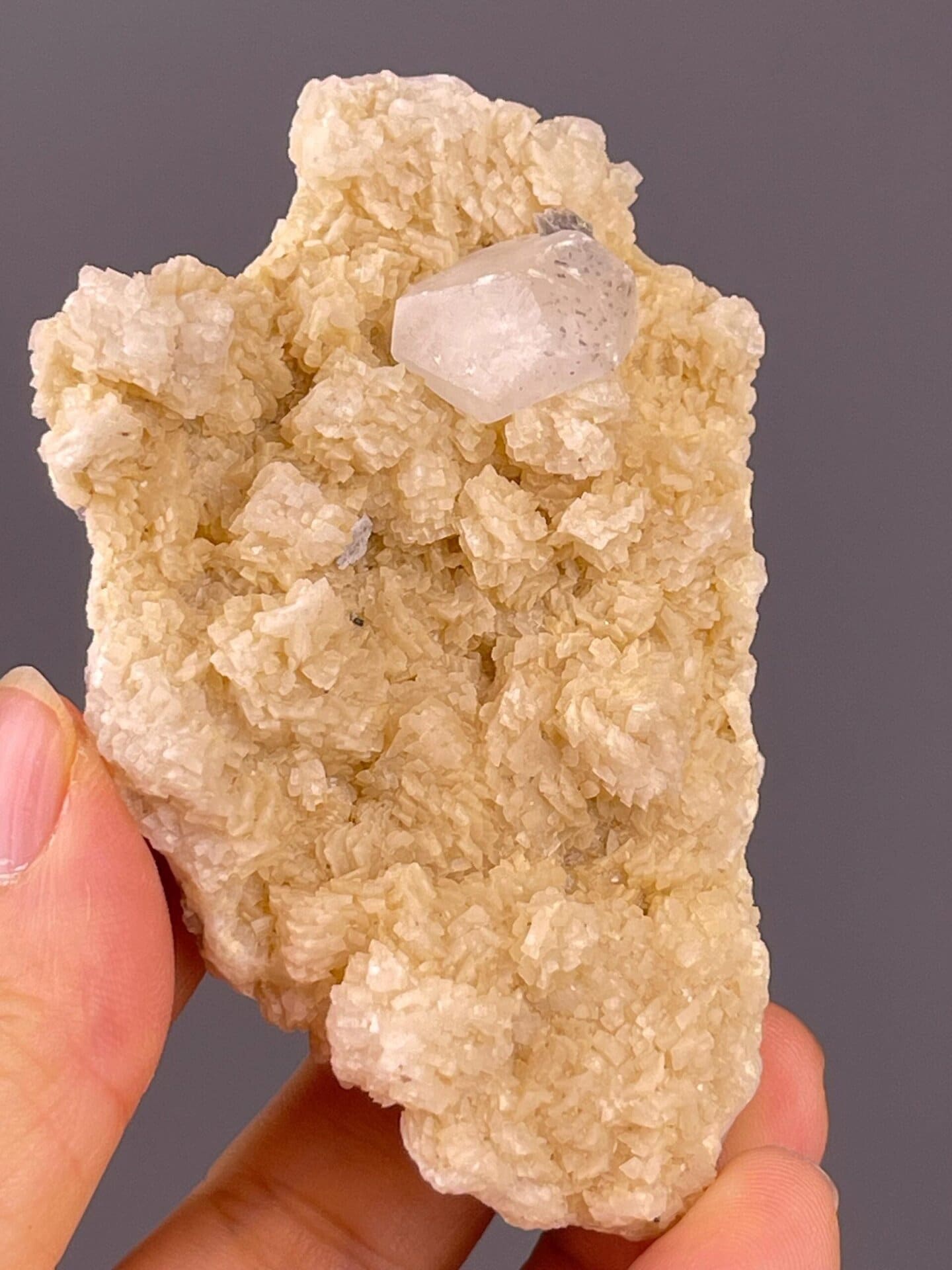 Back view of clear fluorite on dolomite matrix