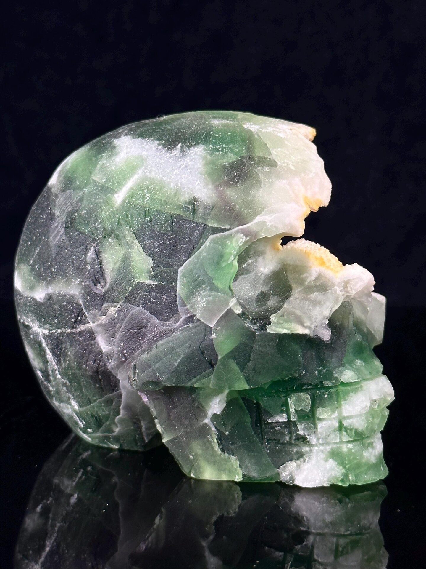 Green fluorite skull geode, hand-carved, display mineral sculpture