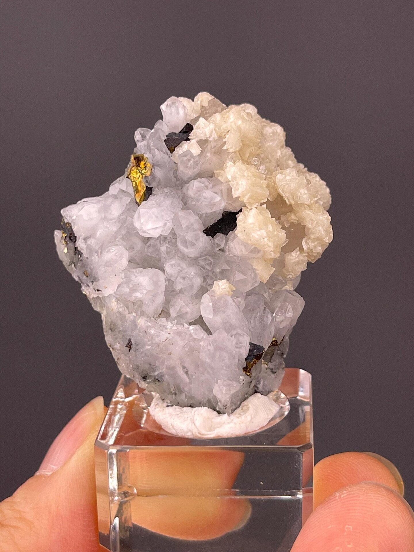 Side view of quartz-calcite-chalcopyrite specimen, 2.2×1.4×0.7 in