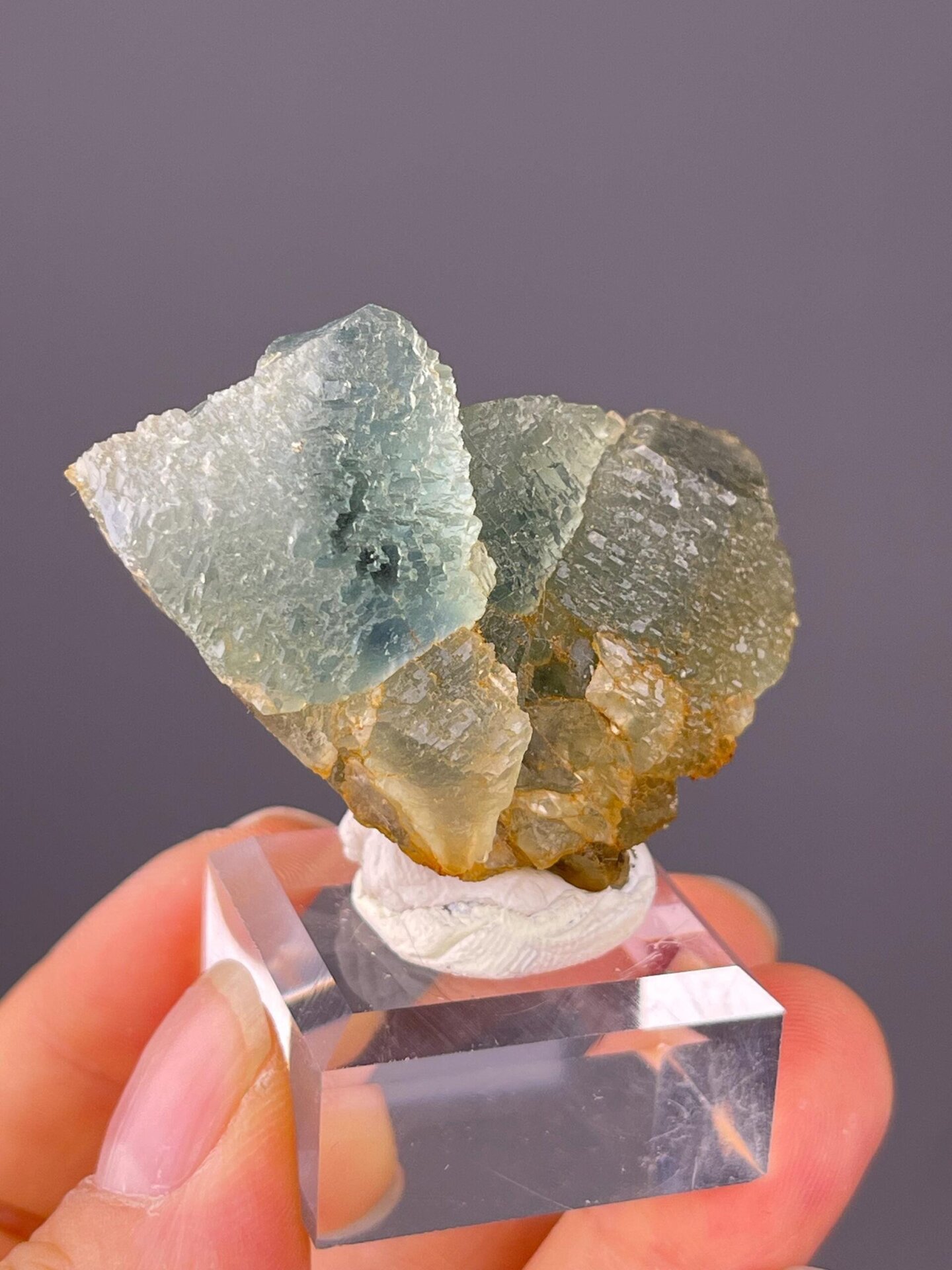 Close-up of blue-green colour in etched fluorite twin