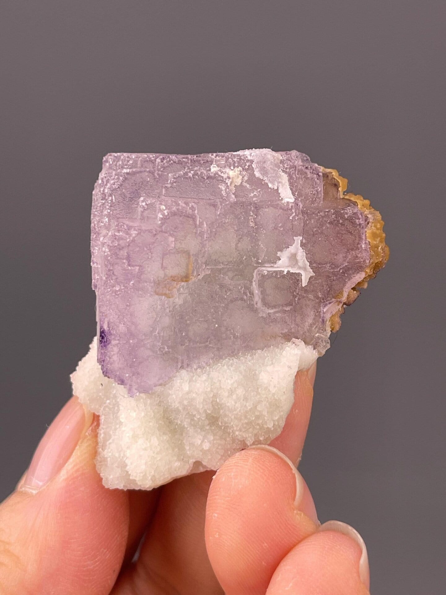 Top view of purple fluorite cubic crystal