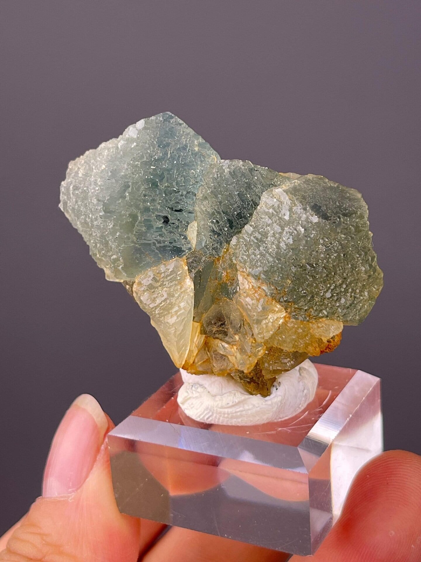 Top view of blue-green twinned fluorite crystal