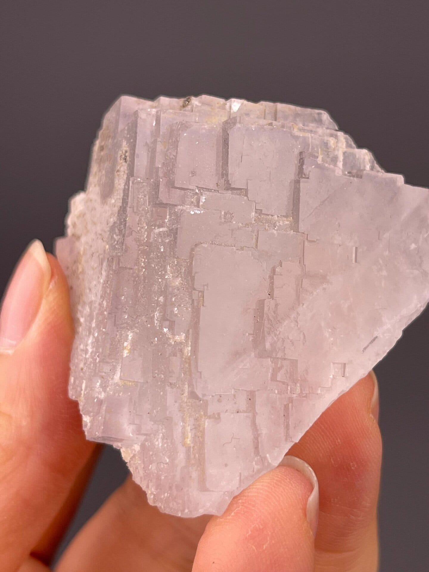 Angled view of pale blue sugar-coated fluorite cluster