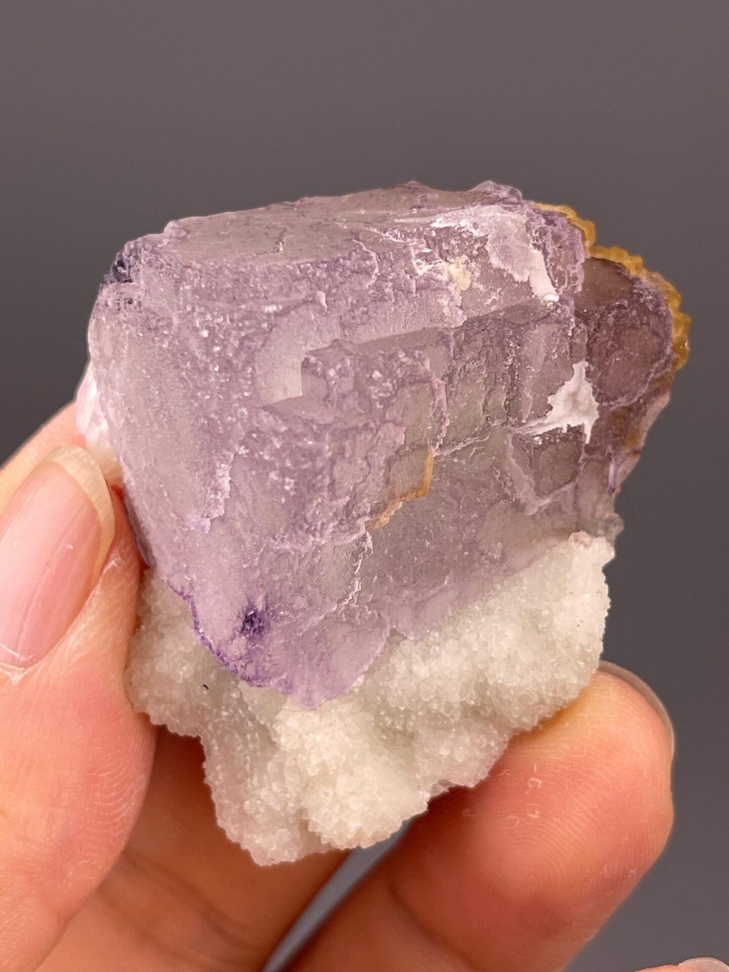 Back view of purple fluorite QR-code cube, Guizhou