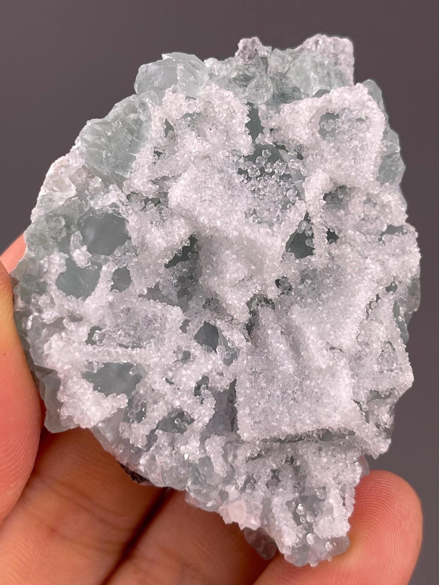 Back view of green fluorite with druzy quartz, China