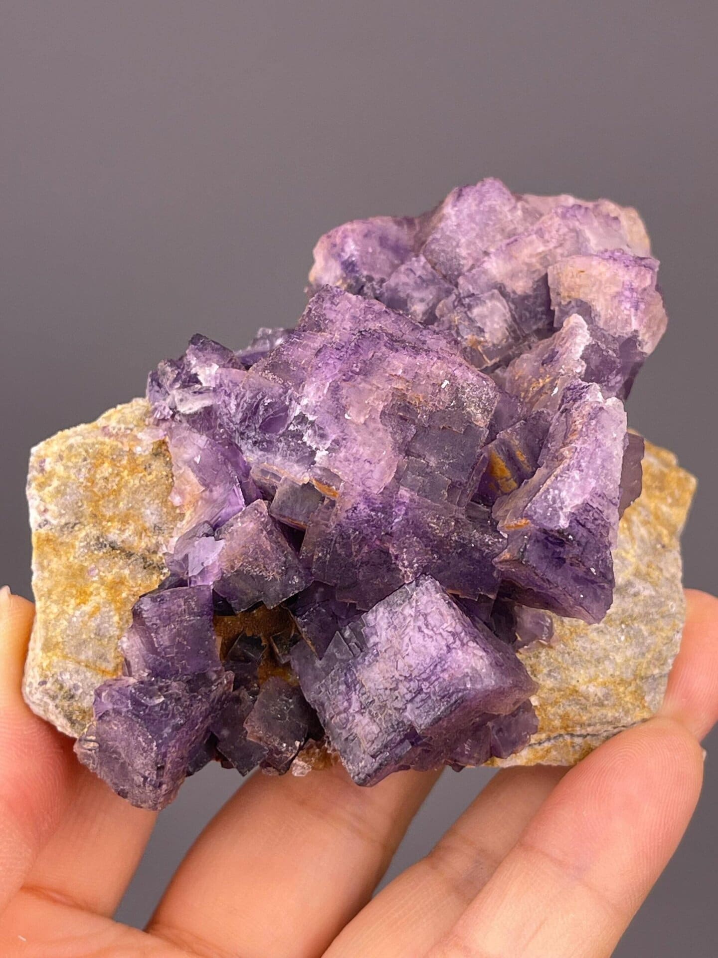 Close-up of etched purple fluorite showing dissolution patterns