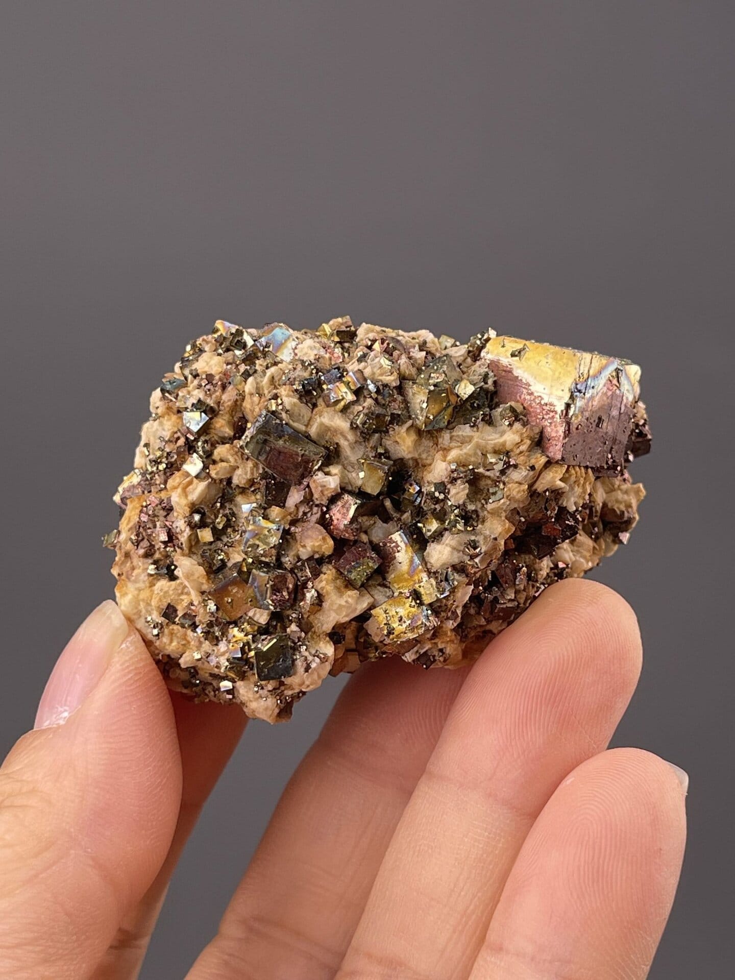 Close-up of chalcopyrite showing blue-gold-purple iridescent colours