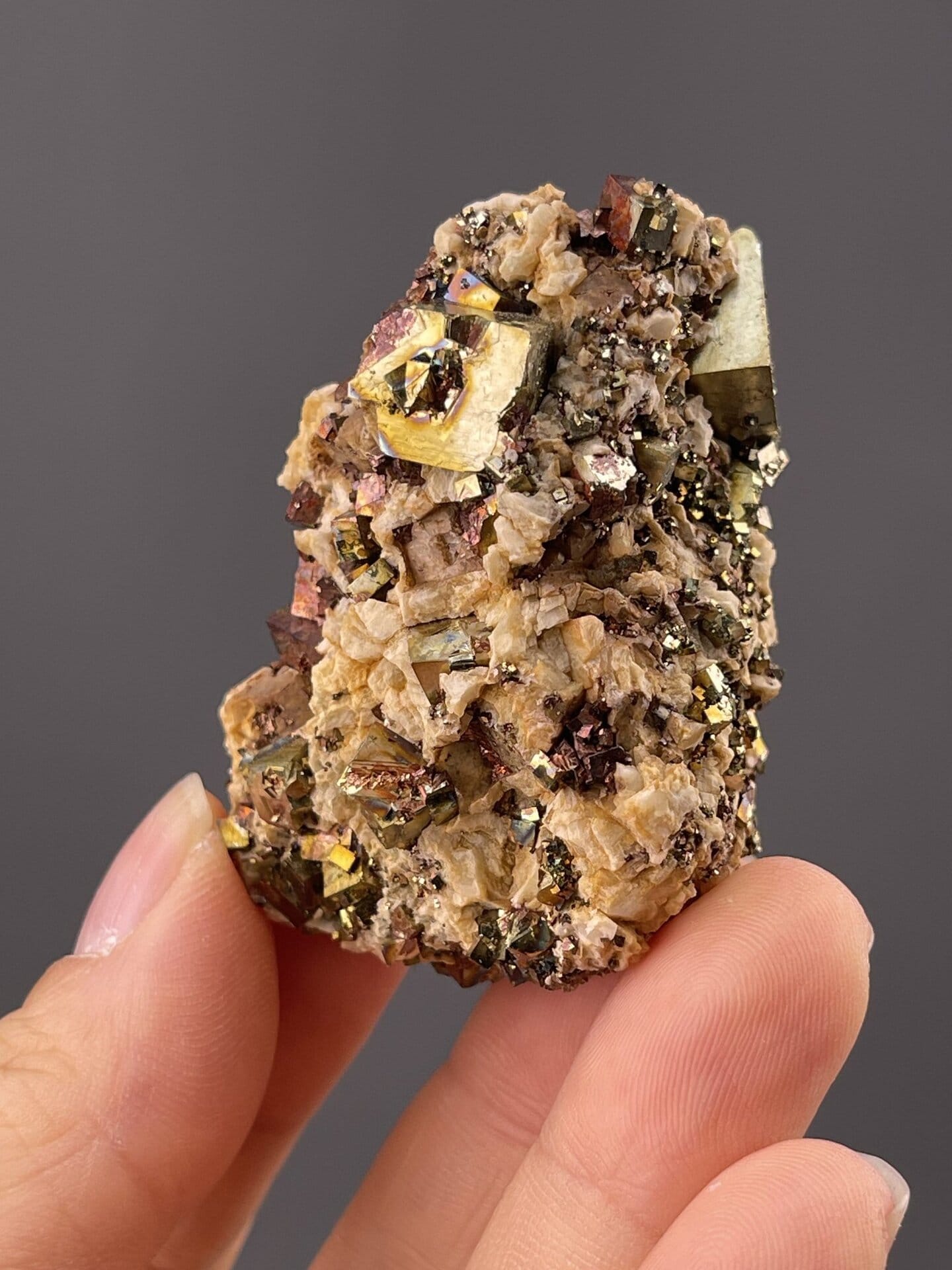 Top view of chalcopyrite showing full iridescent colour range
