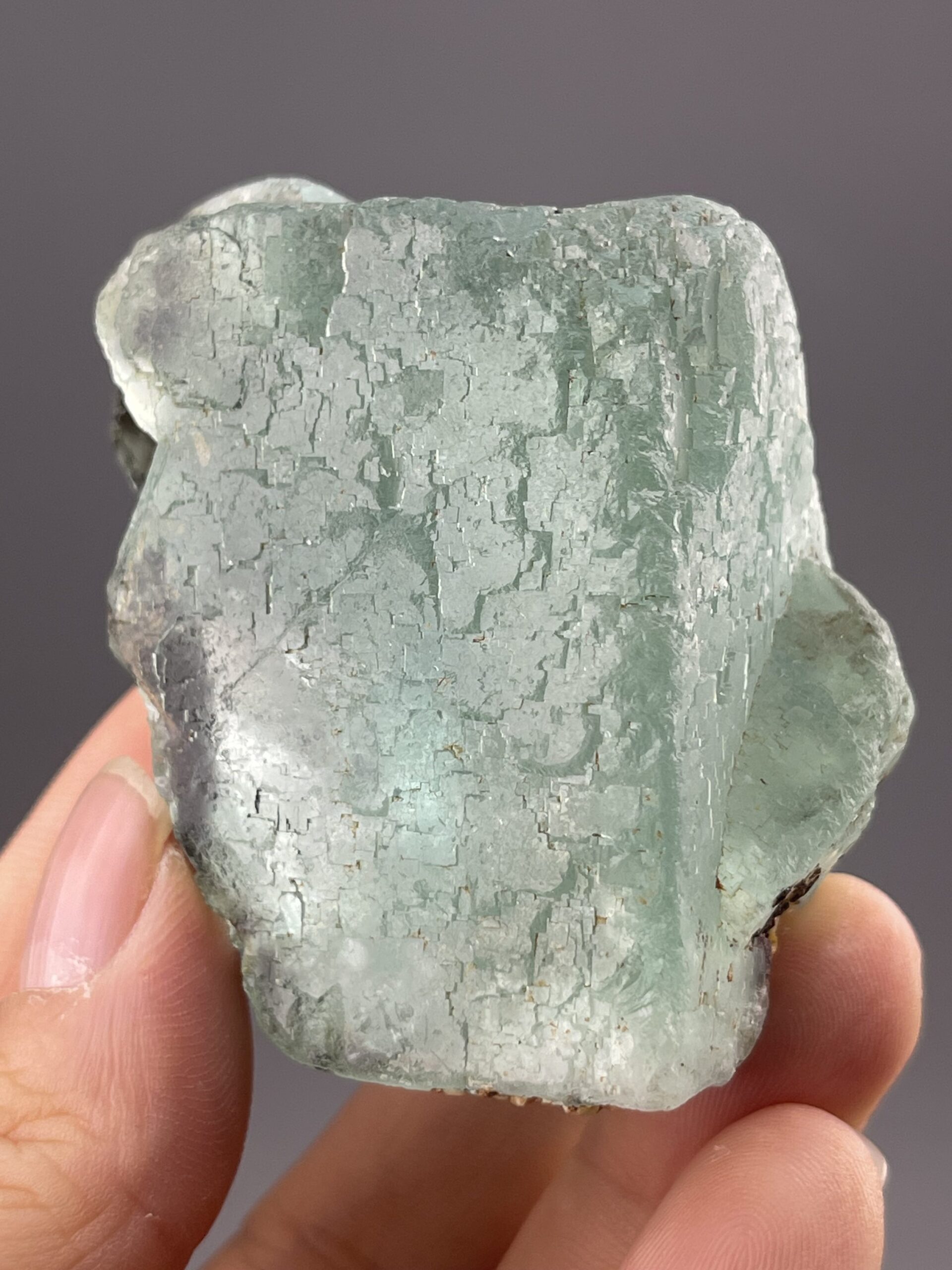 Translucent Green Fluorite Cube from Yaogangxian Mine, Hunan – close-up of crystal surface