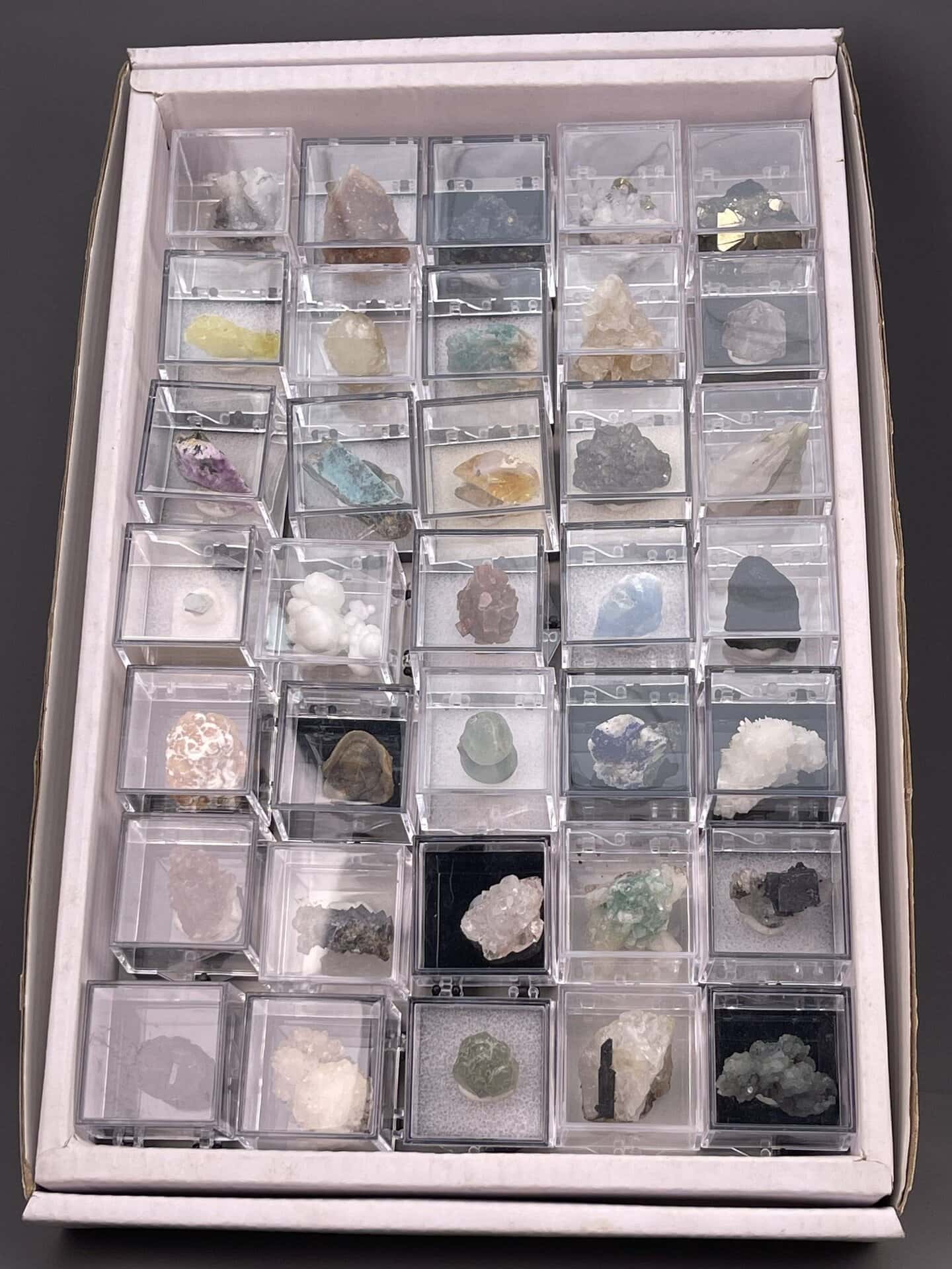 Collection overview of 35 mixed mineral specimens, perky box set