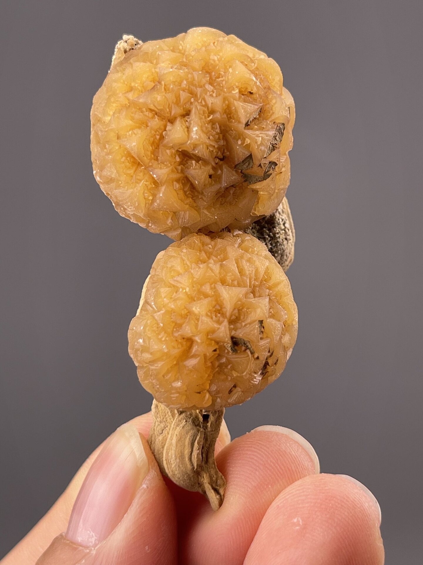 Golden-orange calcite showing geometric botryoidal structure, 1.1 g