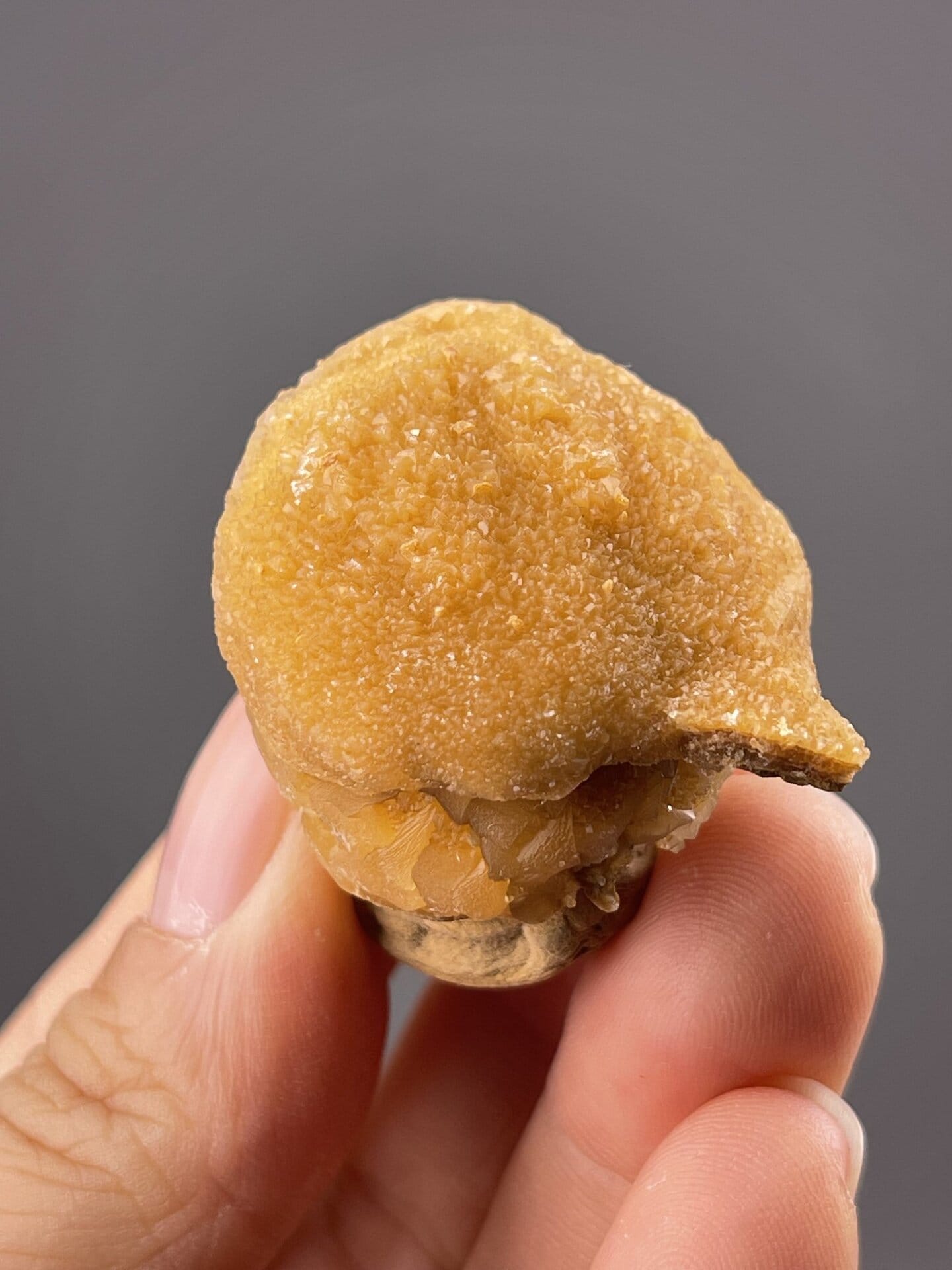 Golden-orange mammillary calcite showing smooth glossy surface, 1.1 g