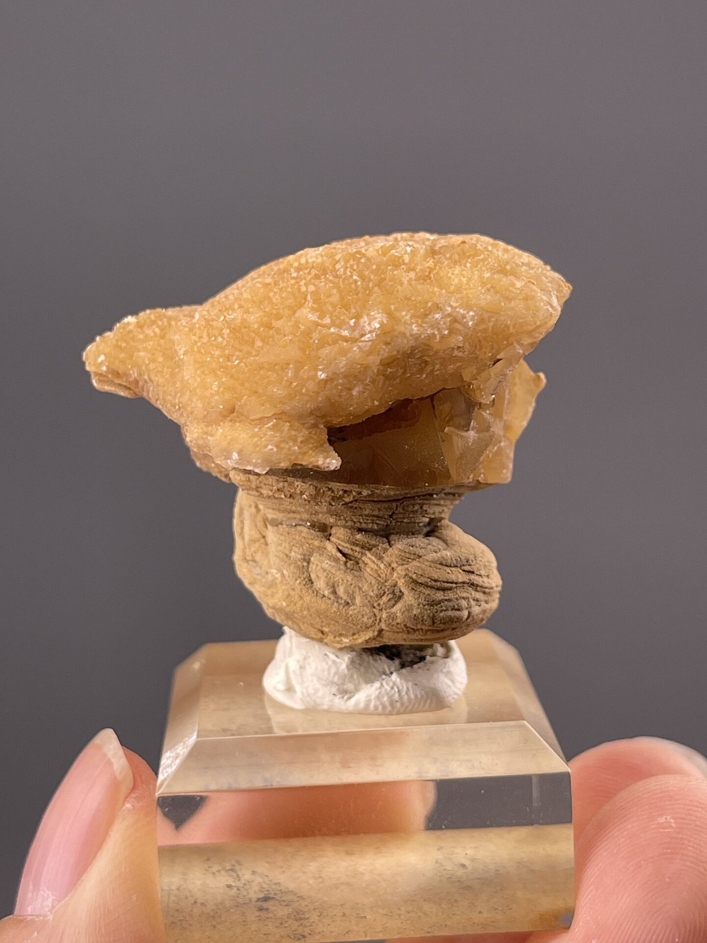 Side view of orange calcite showing rounded three-dimensional form