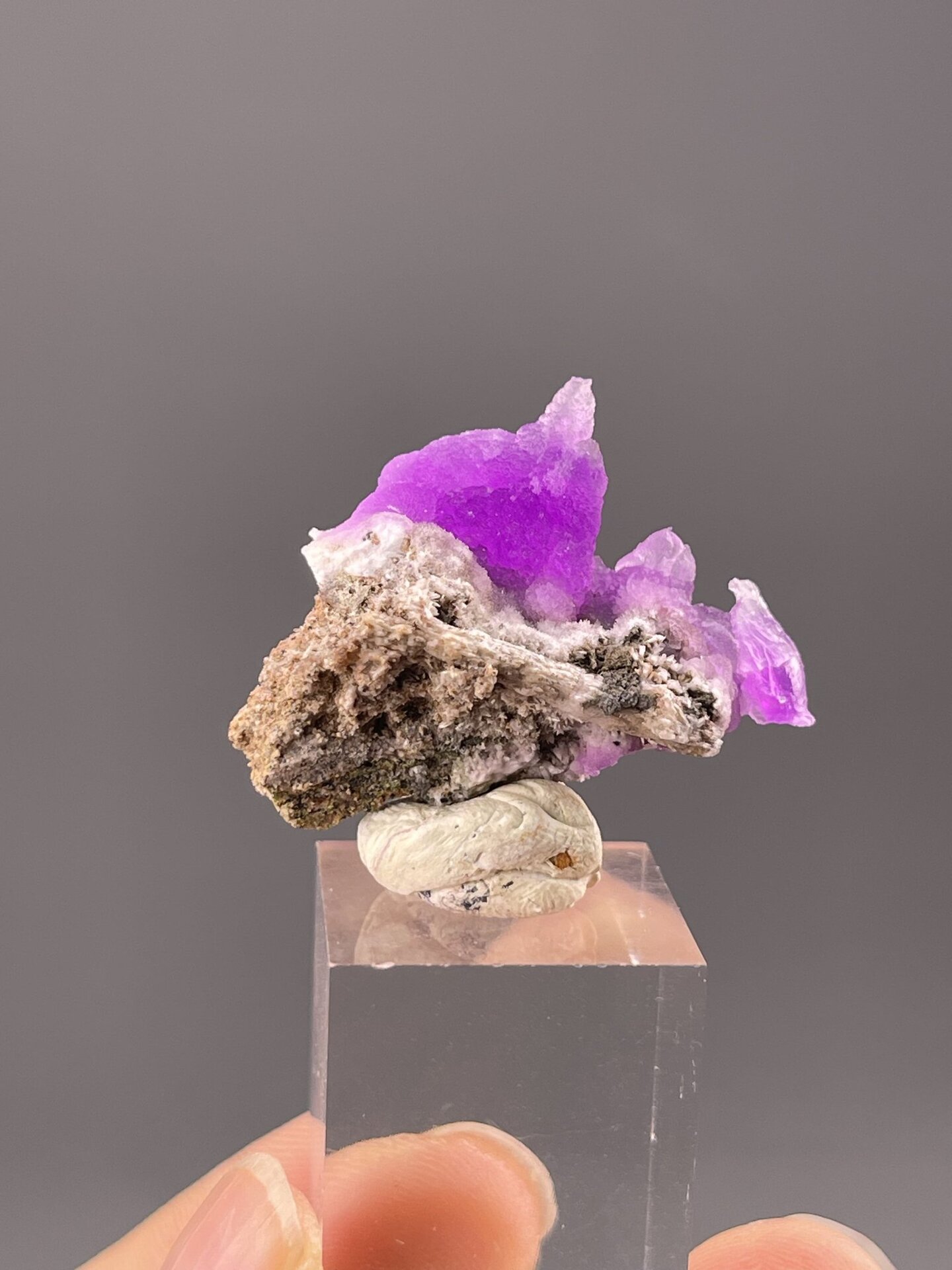 Close-up of pink rhodochrosite showing fibrous crystal texture