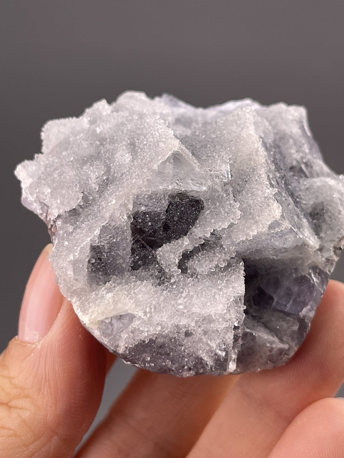Top view of fluorite cluster showing arrangement of cubic crystals