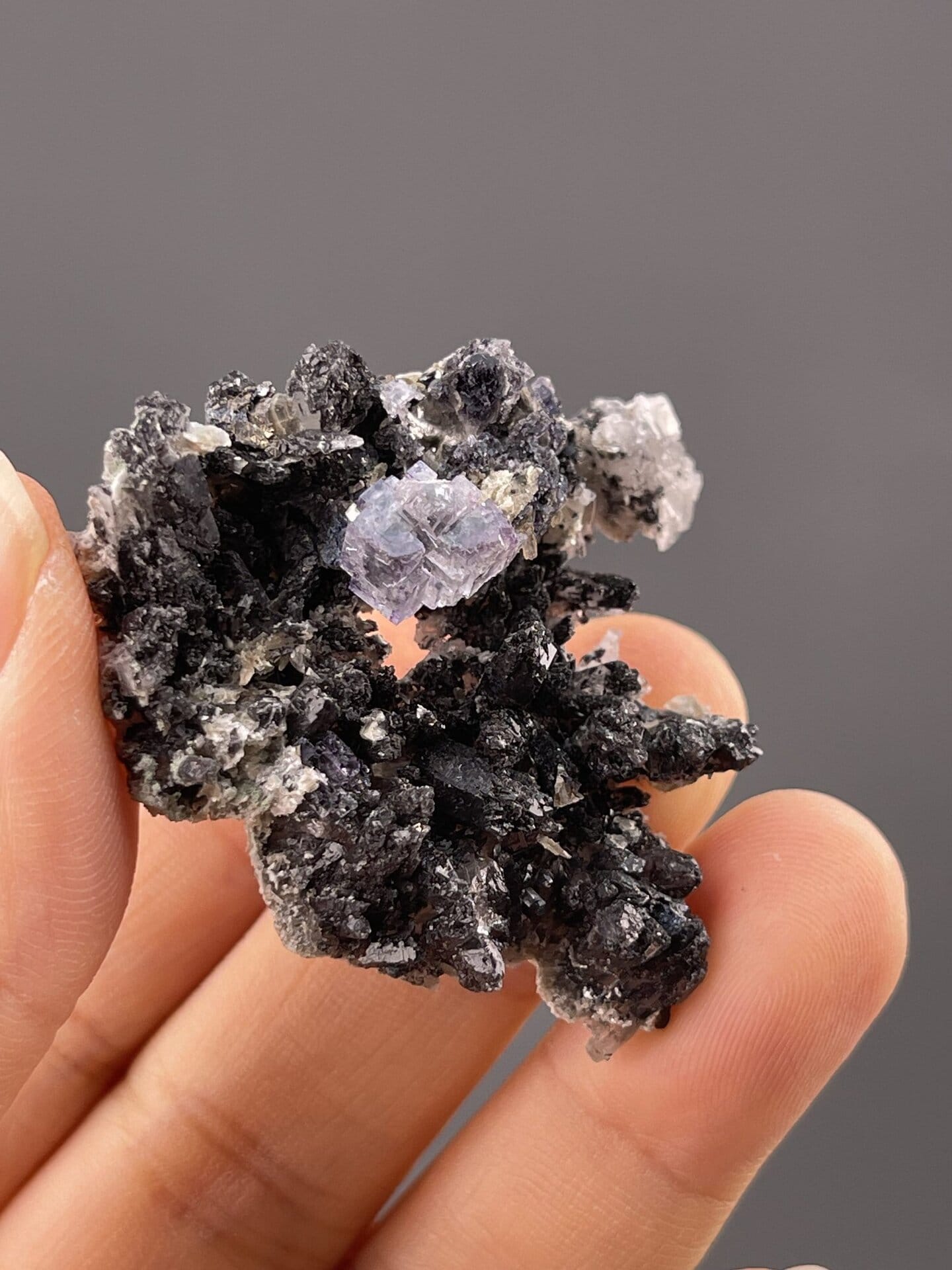 Purple fluorite on sphalerite from Yaogangxian Mine, SKU 1124