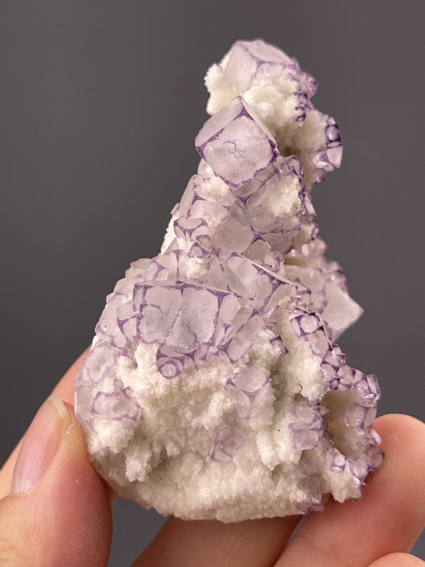 Side view of cubic fluorite showing sharp crystallographic edges