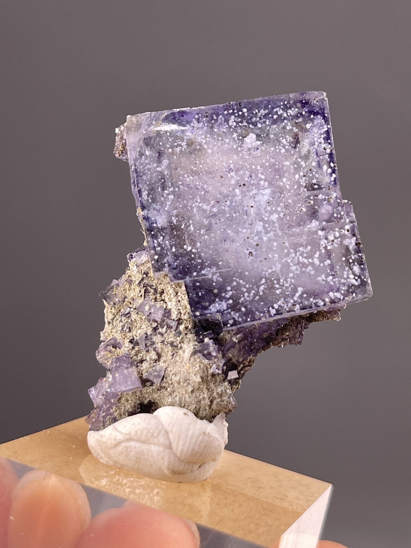 Top view of fluorite cube from Chenzhou Hunan showing cubic geometry