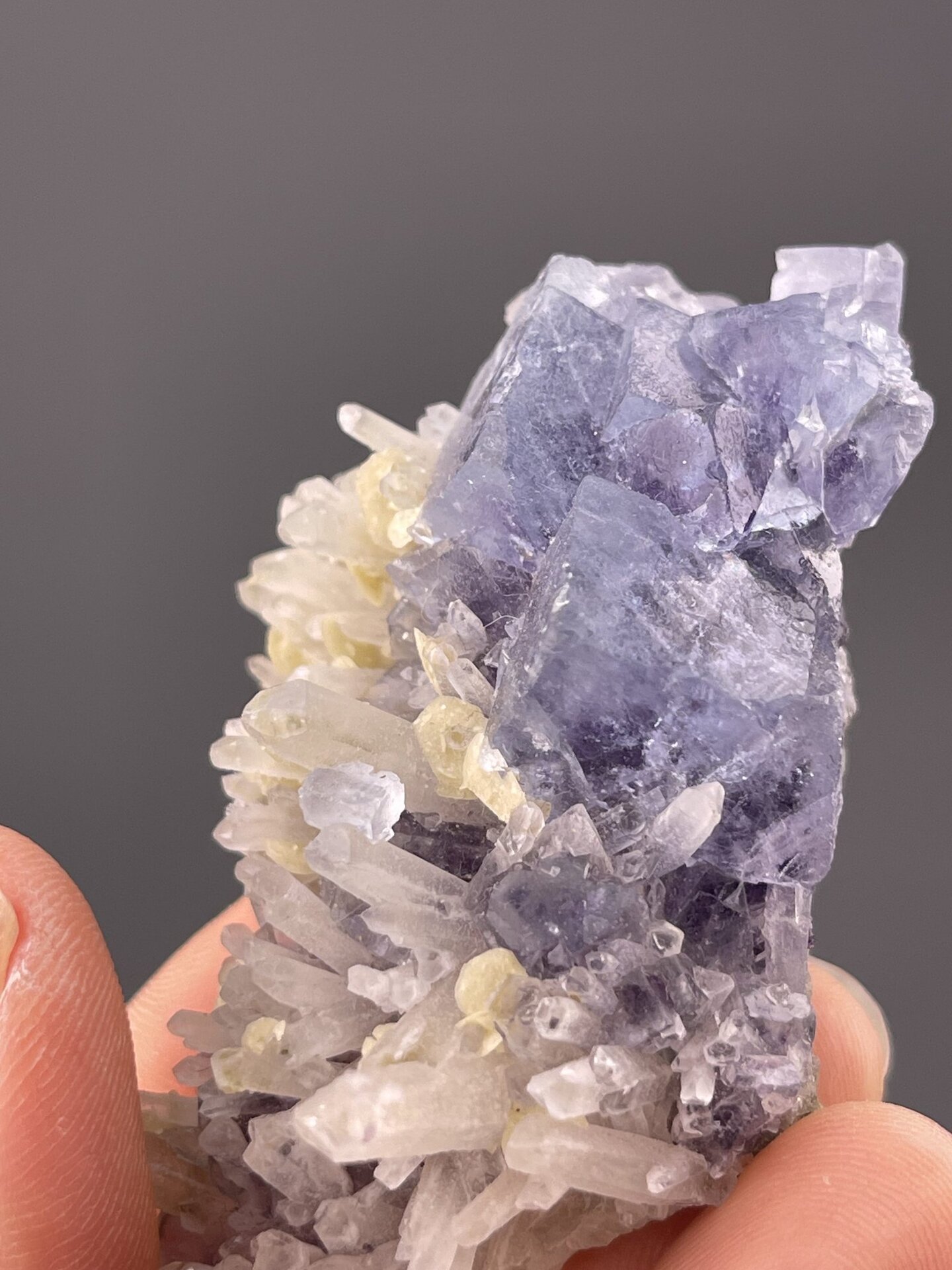 Multi-crystal phantom fluorite cluster showing purple zoning, 2.1 g
